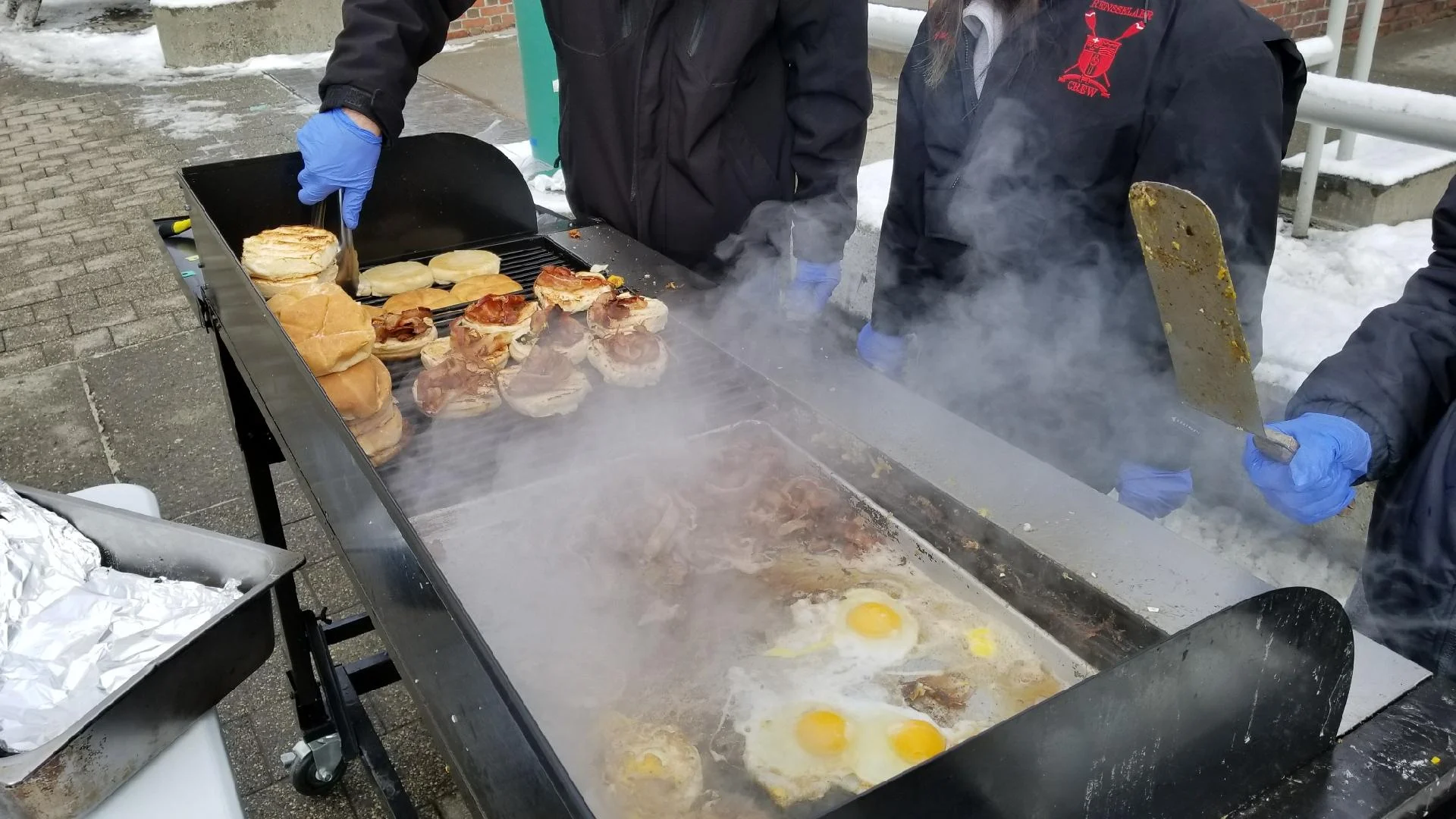 The 8-burner grill in use to provide thousands of sandwiches to the Rensselaer community.