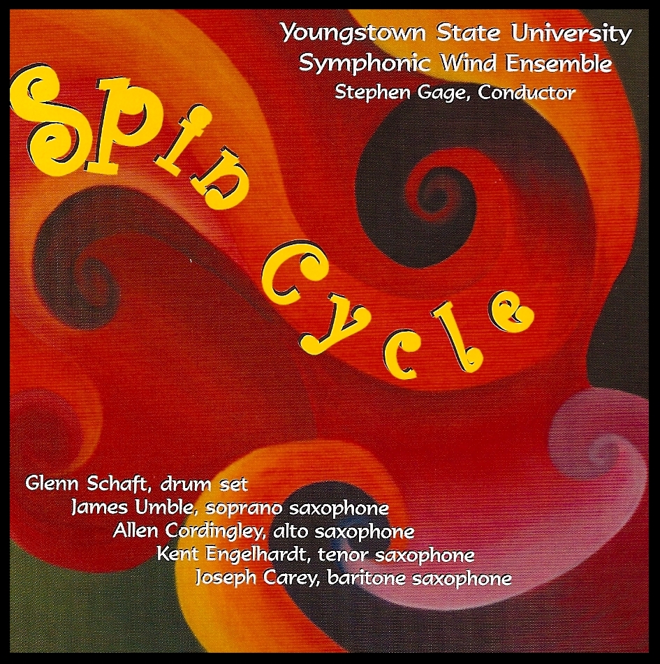 Spin Cycle features Glenn Schaft performing Dr. David Morgan's Reactions for drumset and wind ensemble. Reactions was commissioned in 2003 by Glenn Schaft and Stephen Gage and is one of only a few percussion/wind band concerti dedicated entirely to the drumset. Spin Cycle won the prestigious Down Beat Magazine "Best Classical Symphonic Band" Award in its 2005 "28th Student Music Awards" competition. Reactions is a vehicle for the drum soloist to exhibit improvisatory virtuosity in a variety of musical environments. This work moves through a variety of feels including swing, rumba, ballad, and funk, with plenty of room for soloing. The wind ensemble is treated almost like a huge big band. The drum part contains only the basic blueprint of the form so that every drummer who plays the piece can bring his or her own style and personality to it. Dr. David Morgan is Professor of Bass, Composition, and Jazz Studies at Youngstown State University. Dr. Glenn Schaft-drumset soloist, YSU Symphonic Wind Ensemble, directed by Dr. Stephen Gage. Recorded 2/22/04 at Powers Auditorium by Bill Brooks.