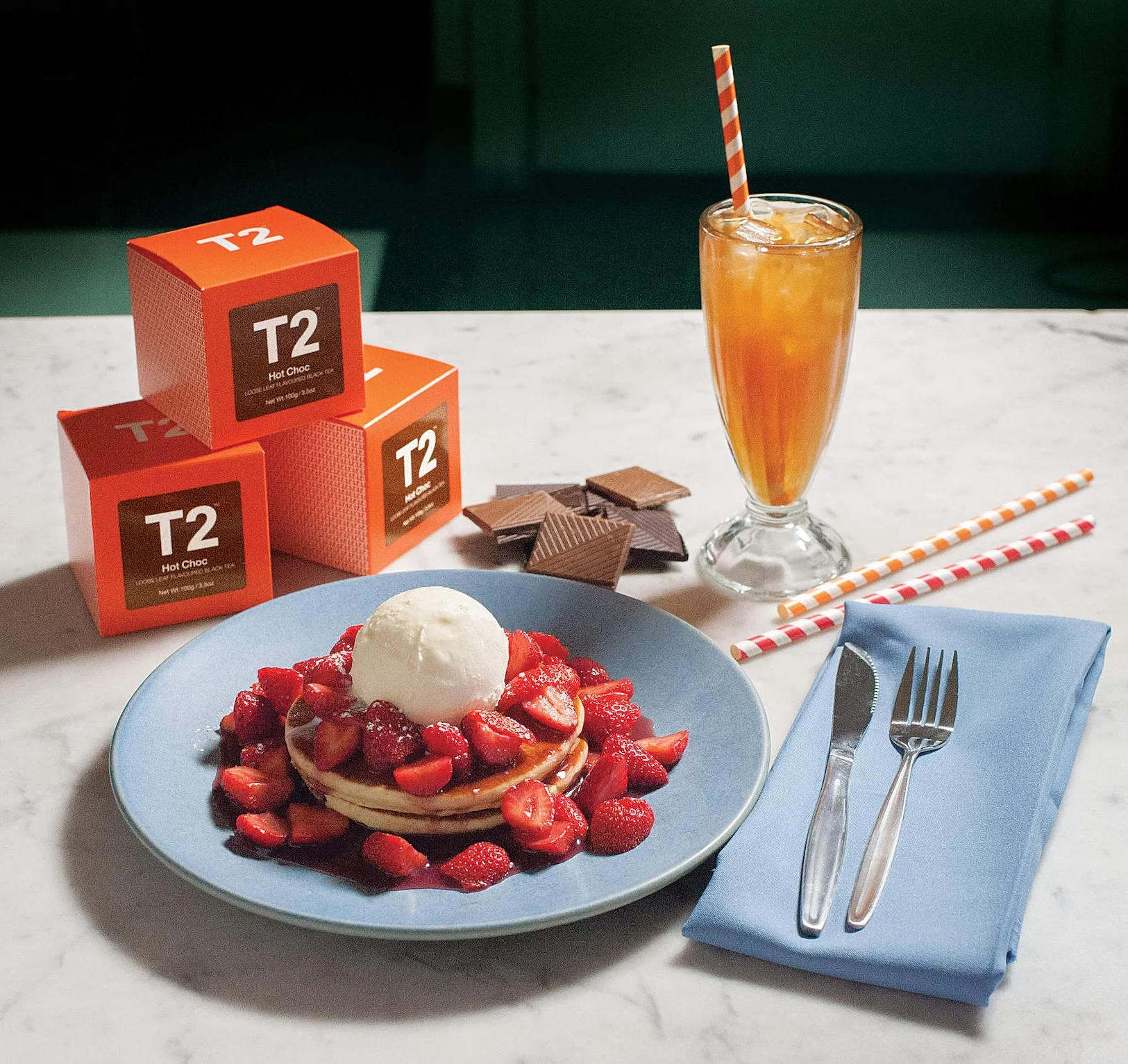 With strawberry coulis and icing sugar. Served with a choice of fresh cream, vanilla or chocolate ice-cream.