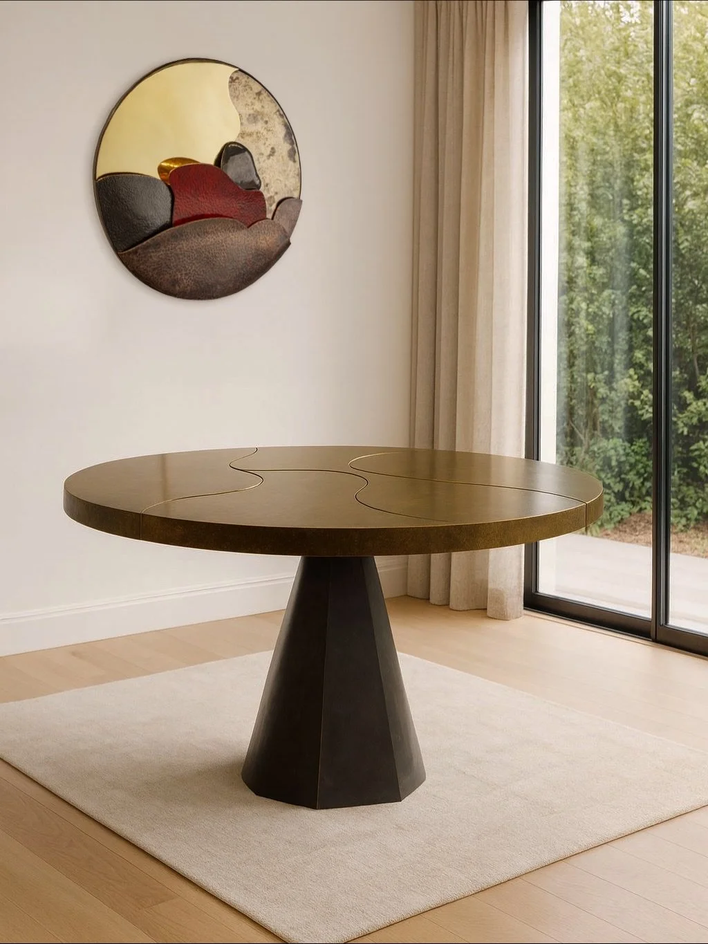 The Valley Table. 1 of a series.
Bronze top with a traditional hot patina and an antique oil rubbed bronze base.
. 
Like that of the Valley dining table, our &lsquo;Valley&rsquo; series is designed and fabricated with the intention to highlight the c