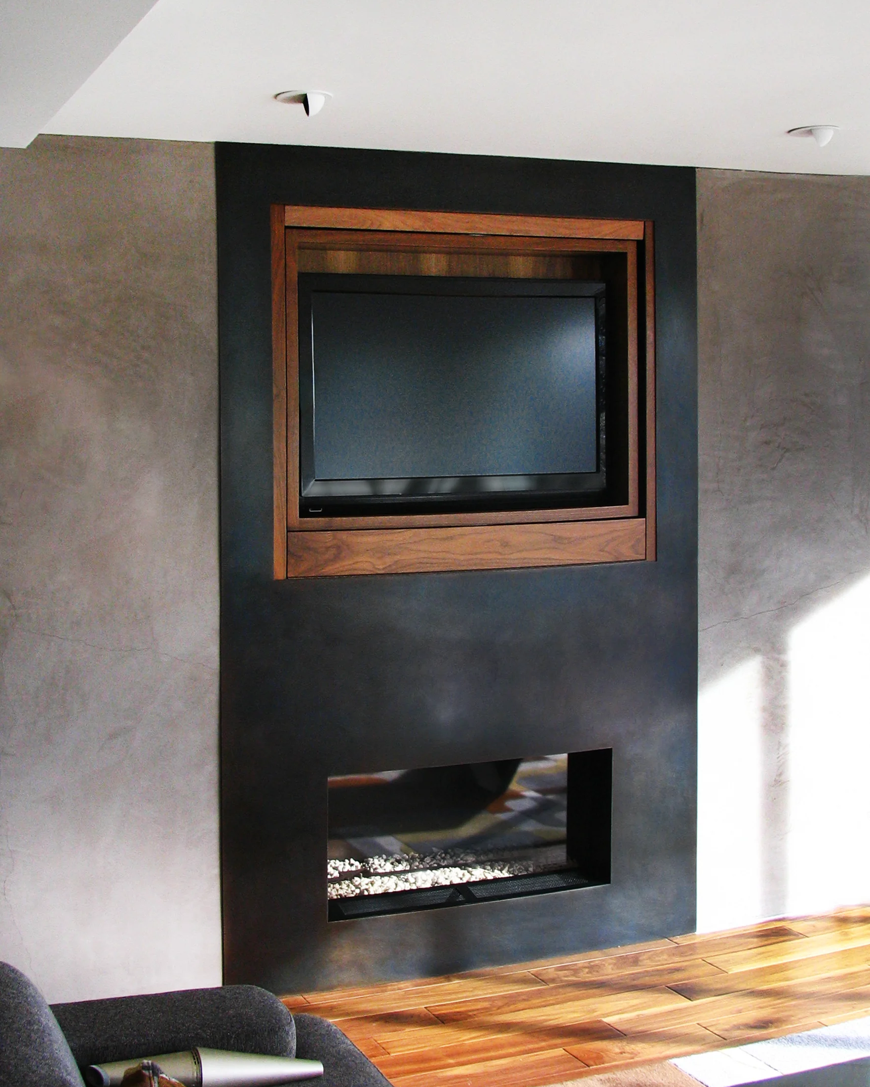  Patina’d steel fireplace wall panel for RJC Builders 