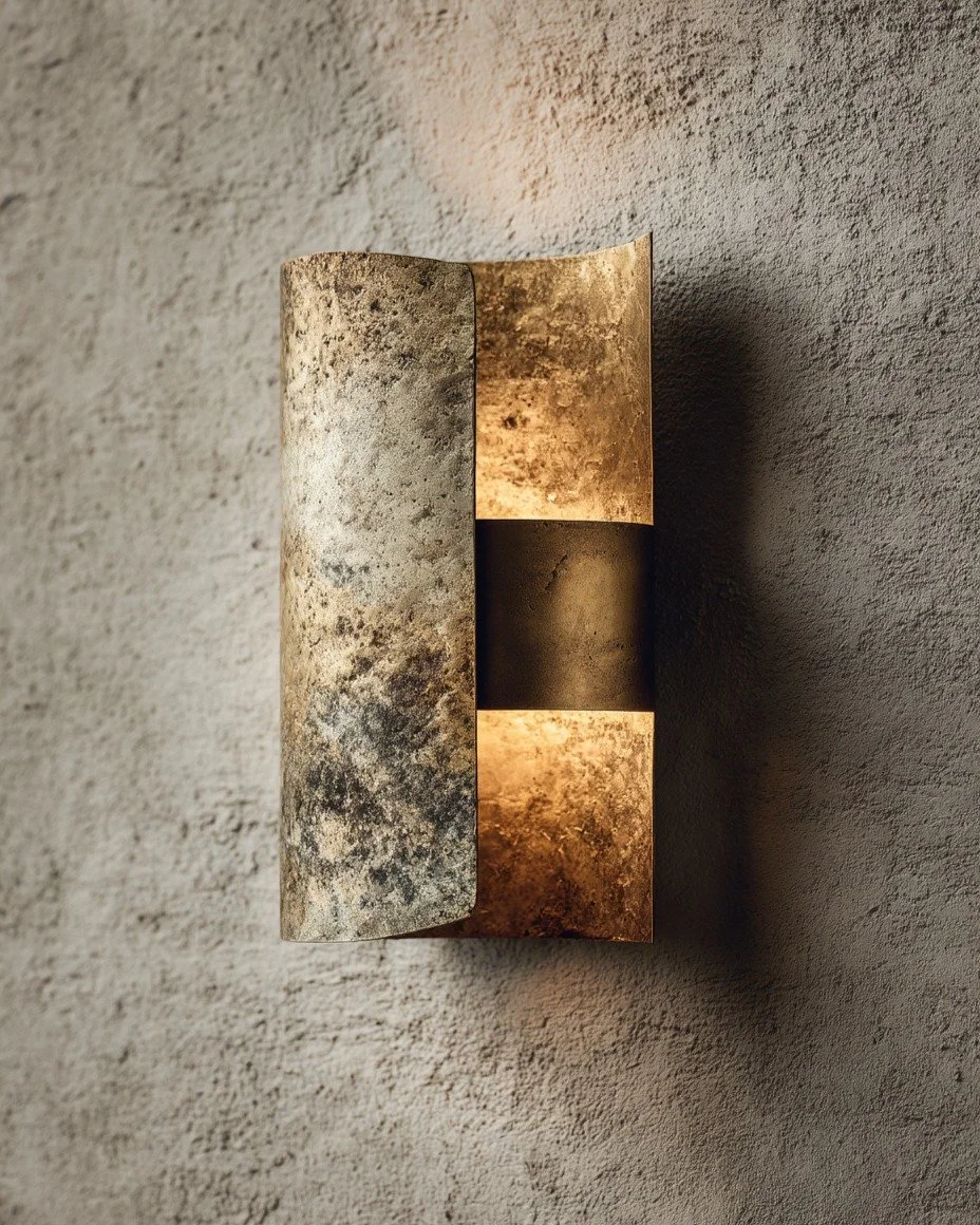 The Estrato Sconce
.
Bronze with a distressed silver-like patina&rsquo;d finish, the Estrato sconce acts as both an artifact and a functional object. Its gently curved bronze planes features a mottled patina and a stratified textural surface meant to