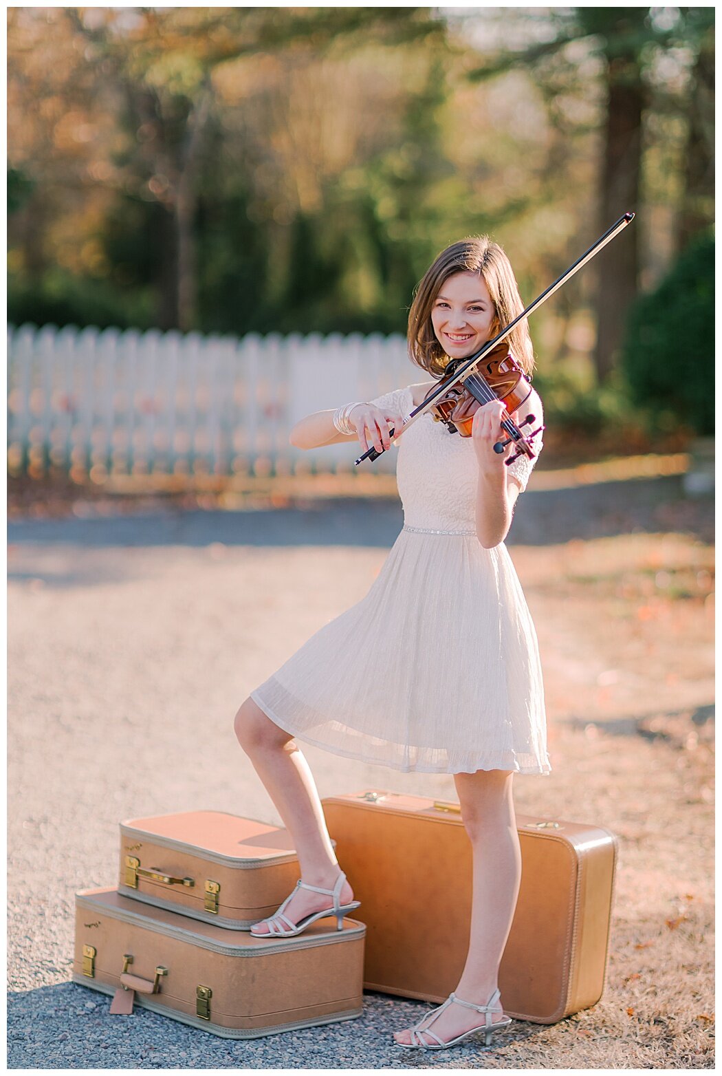 Senior Portraits with Violin and Vintage Luggage