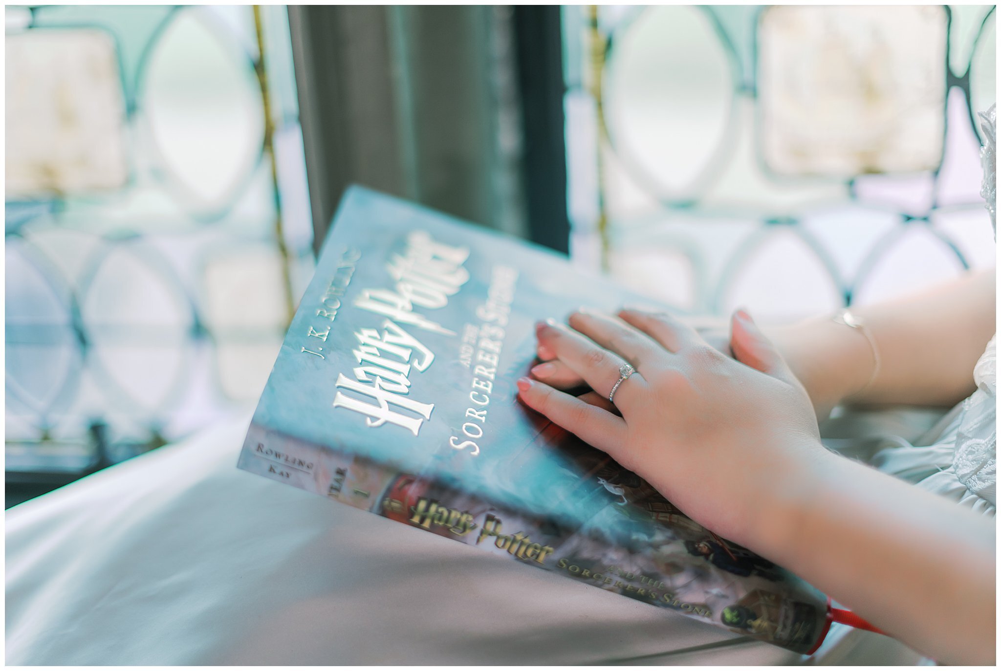 Virginia House Bridal Portraits | Richmond Wedding Photography | Bride reads Harry Potter Book in Castle