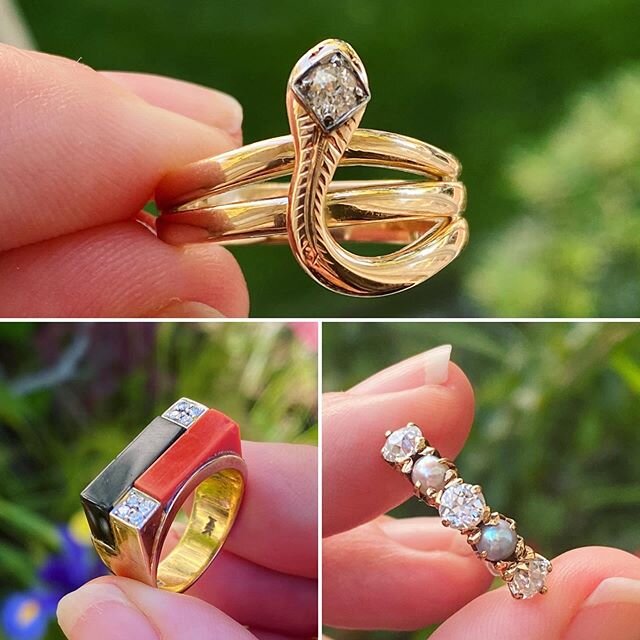 Some gorgeous pieces that were sold in the last week without getting any air time. So here&rsquo;s their moment of glory!
Antique 14k gold snake with that luscious old cut diamond; Modernist 1970s thick and heavy onyx, coral, and diamond ring; and a 