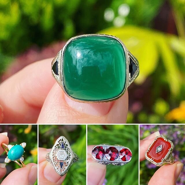Here are a few from the jewelry box in my Stories yesterday! I got so many messages that I figured it was best to make a post. These are all antique/vintage, and all new to us. Swipe through to see pics of the green onyx, turquoise, garnet, and filig