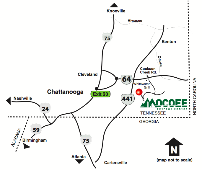 Take Hwy 64 East and travel 10 miles (crossing over Hwy 441) until you come to a gas station on the right. Turn right at gas station onto Cookson Creek Rd. and follow for 2.5 miles until you see the Ocoee Retreat Center sign on your right. Turn right onto Sloans Gap Rd. and follow for 1 mile to the next Ocoee Retreat Center sign. Turn left onto Hawkins Dr. Follow signs to the office.
