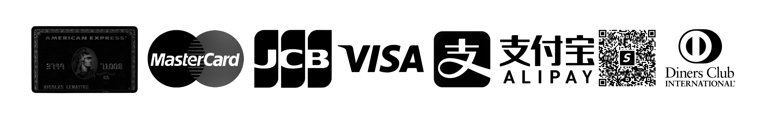 ACCEPTED ONLINE + VIA TELEPHONE: AMERICAN EXPRESS (AMEX), MASTERCARD, JCB, VISA, ALIPAY SUPAY, DINERS CLUB, PAYPAL, DISCOVERY + UNION PAY