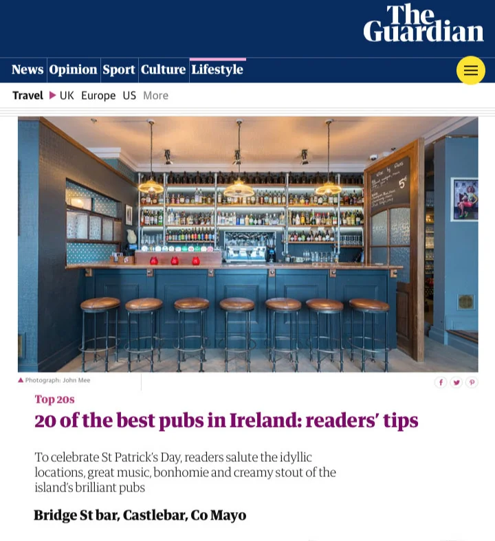 Castlebar Gin Trail’s Bridge St bar named in The Guardian’s 20 Best Pubs in Ireland. Click on the link below to read the full article.