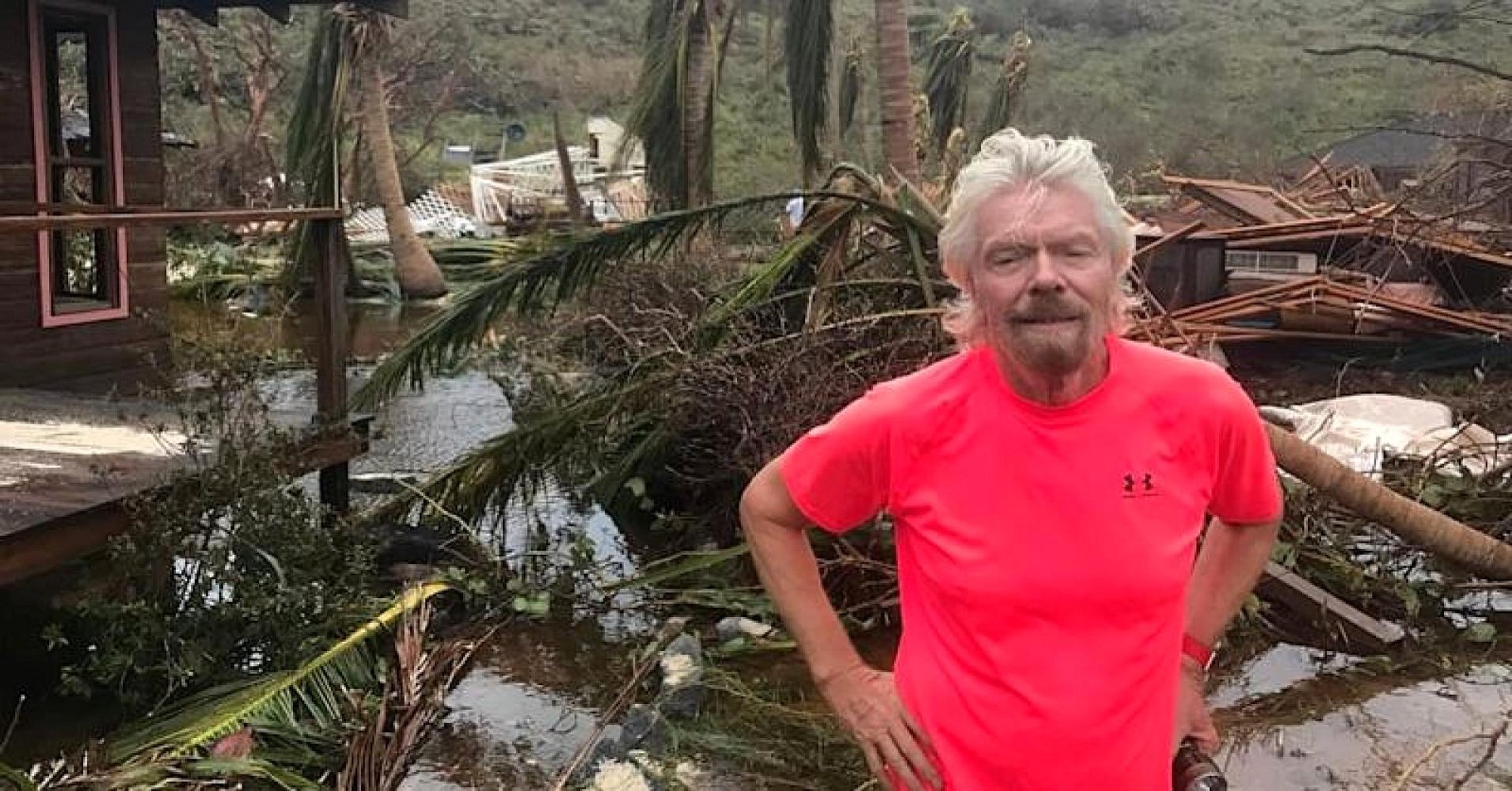 Picture source: CNBC. Richard Branson on Necker Island, post Hurricane Irma. Media coverage reports that Branson and his team have been personally providing enormous aid and relief services throughout the Virgin Islands, post disaster.