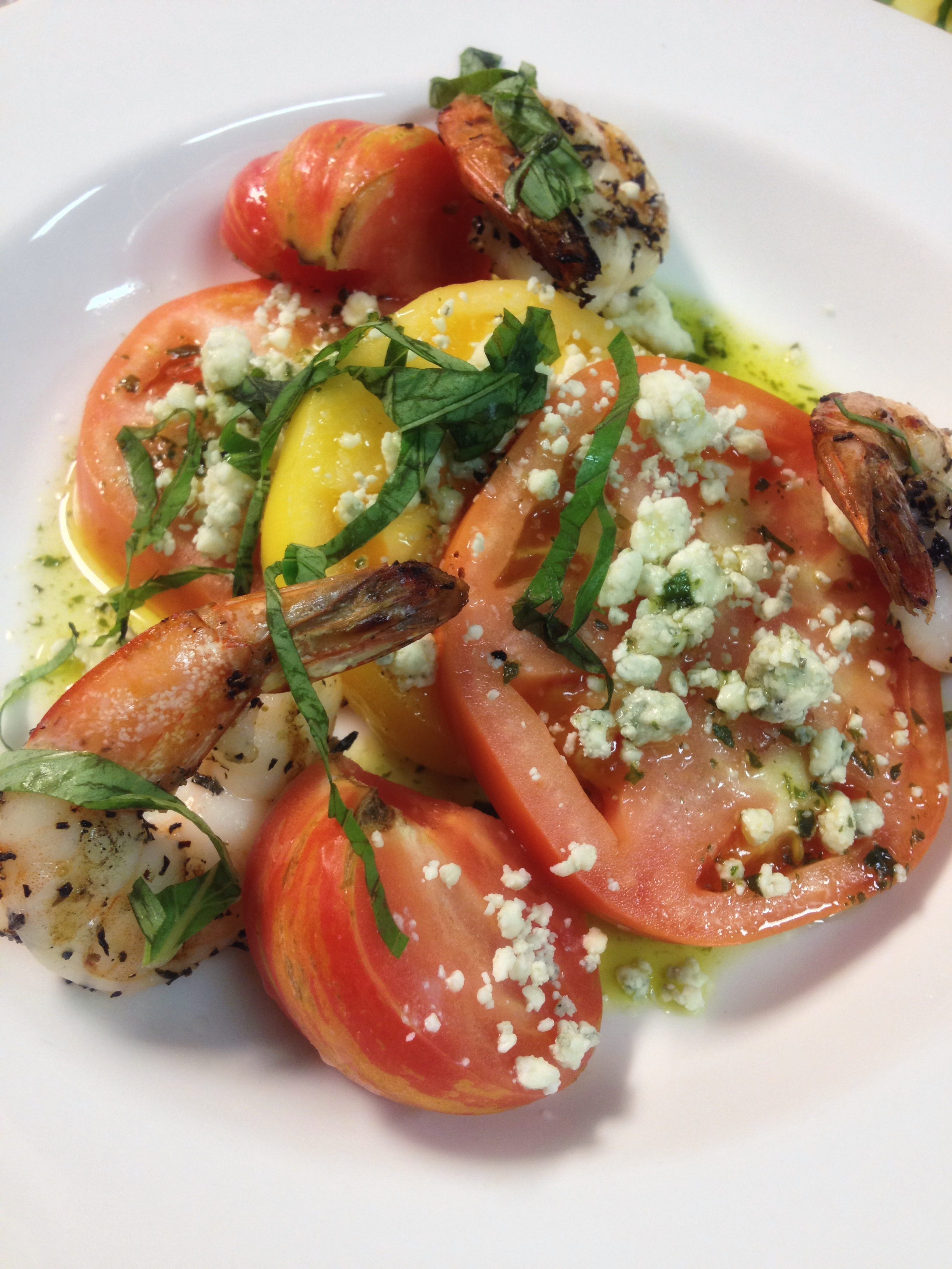 Heirloom & Beefsteak Tomato Salad with Grilled Shrimp & Blue Cheese Crumbles