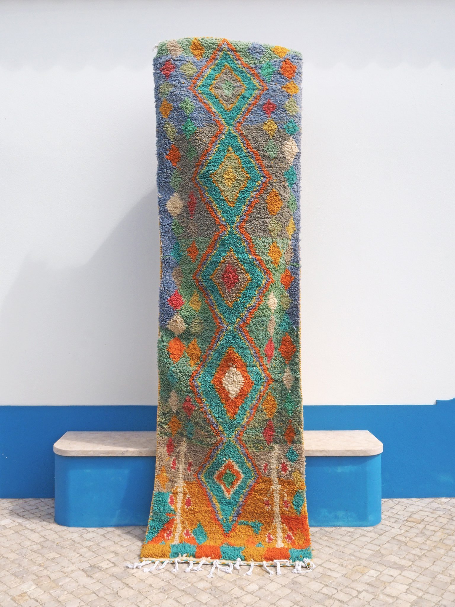 Moroccan Boujad Wool Rug Runner - Mint Green Diamonds - 300 x 80 cm