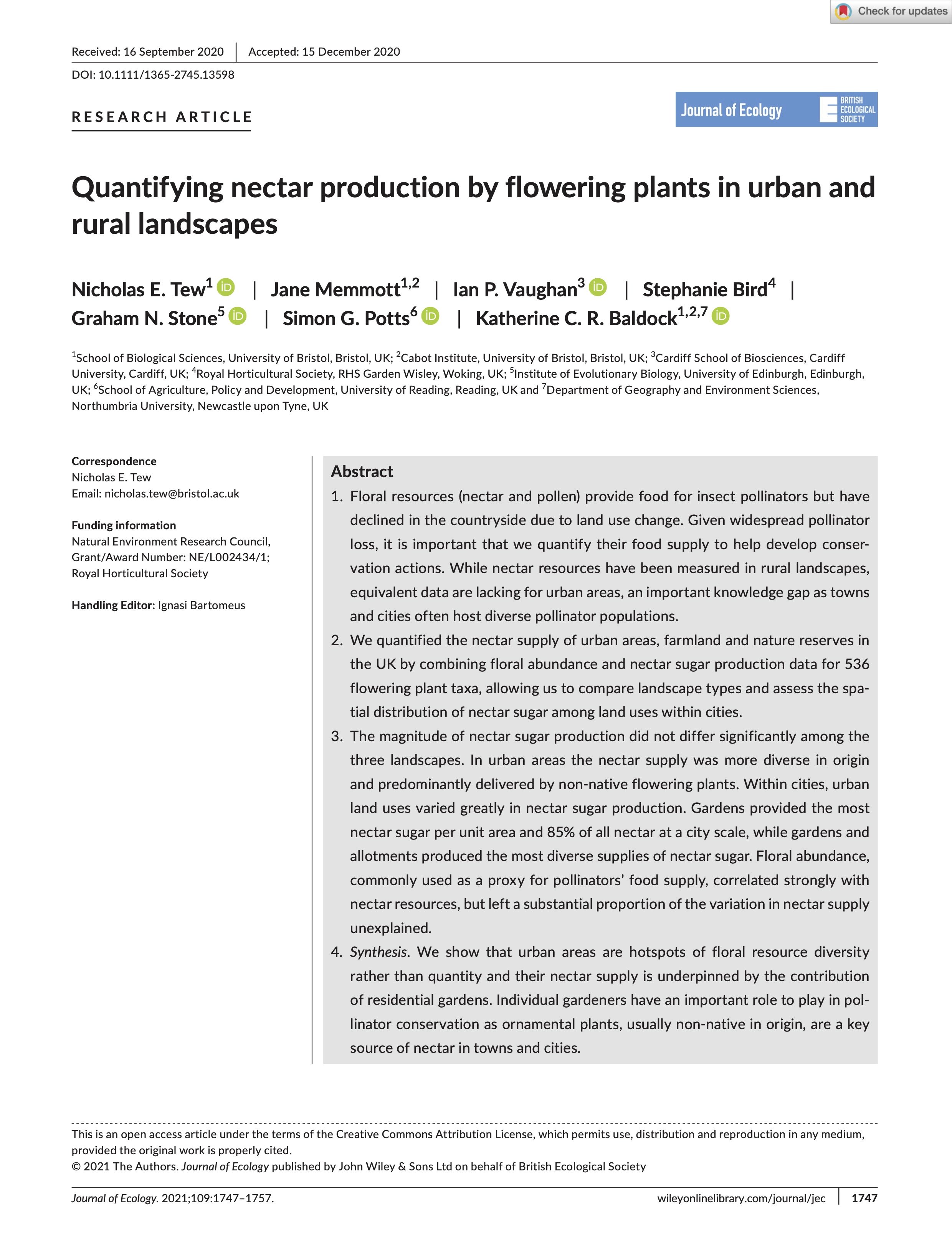 Quantifying nectar production by flowering plants in urban and rural landscapes