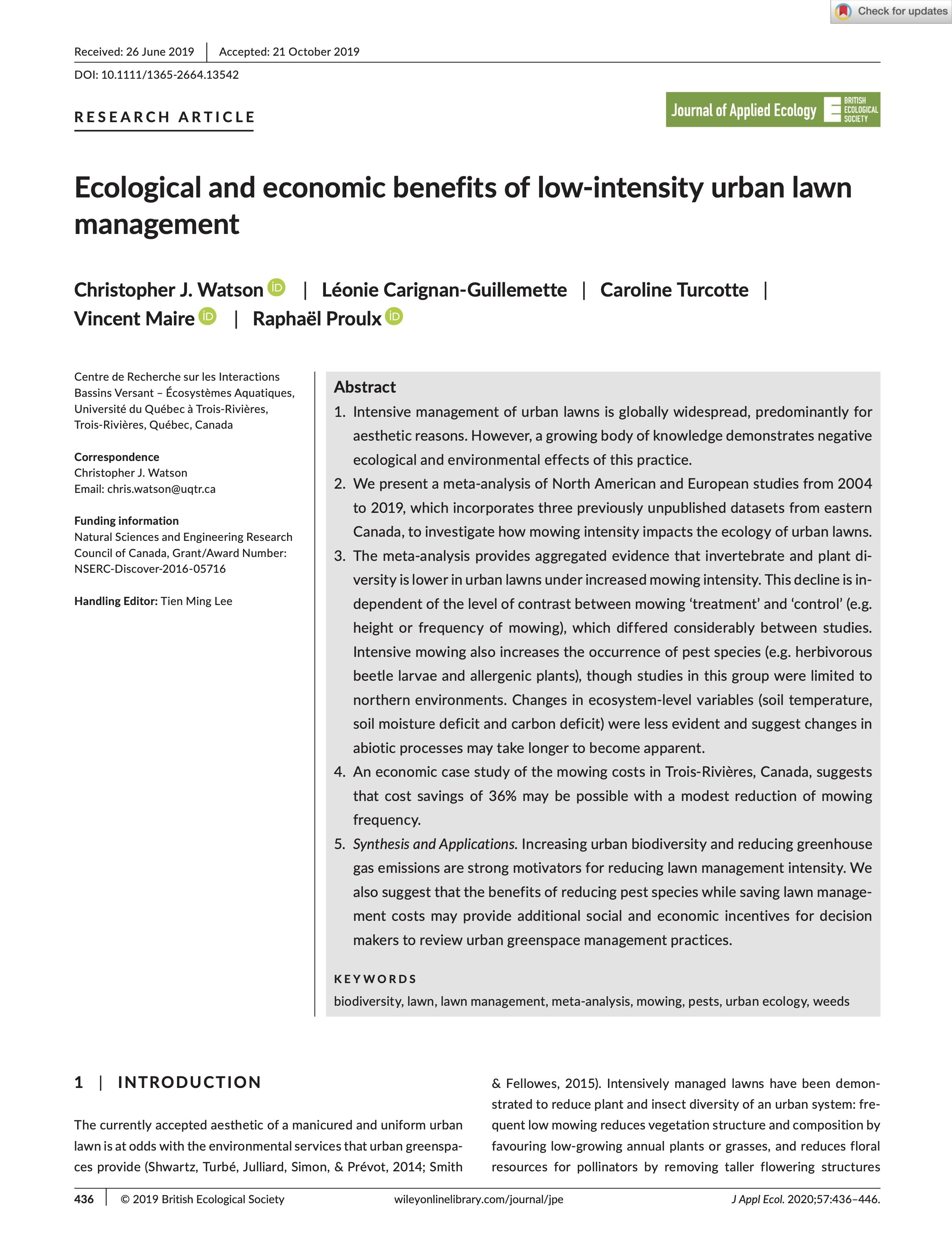 Ecological and economic benefits of low-intensity urban lawn management