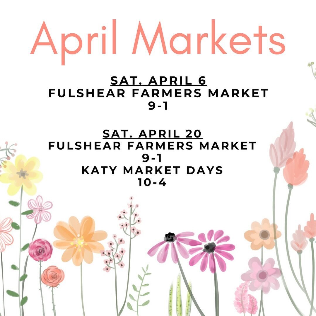 Spring is in the air! Here is our April schedule.  @fulshear_farmers_market @katymarketday #hepplewhitefarms #fulshearfarmersmarket  #katymarketday #katytx #fulsheartexas #brookshiretx #katyevents #fulshearfoodies #texashoney #knowyourbeekeeper #real