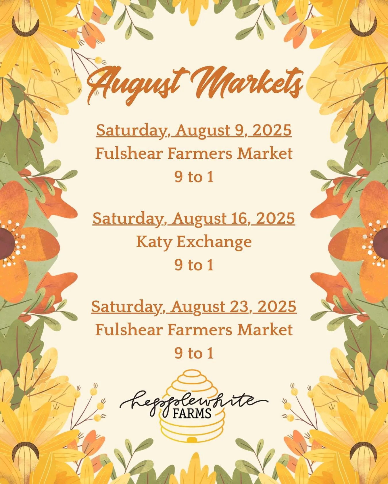 Mark your calendars &mdash; here is our August Market Schedule.
#hepplewhitefarms #fulshearfarmersmarket #katyexchange #katytownsquare #texashoney #knowyourbeekeeper #honeycomb