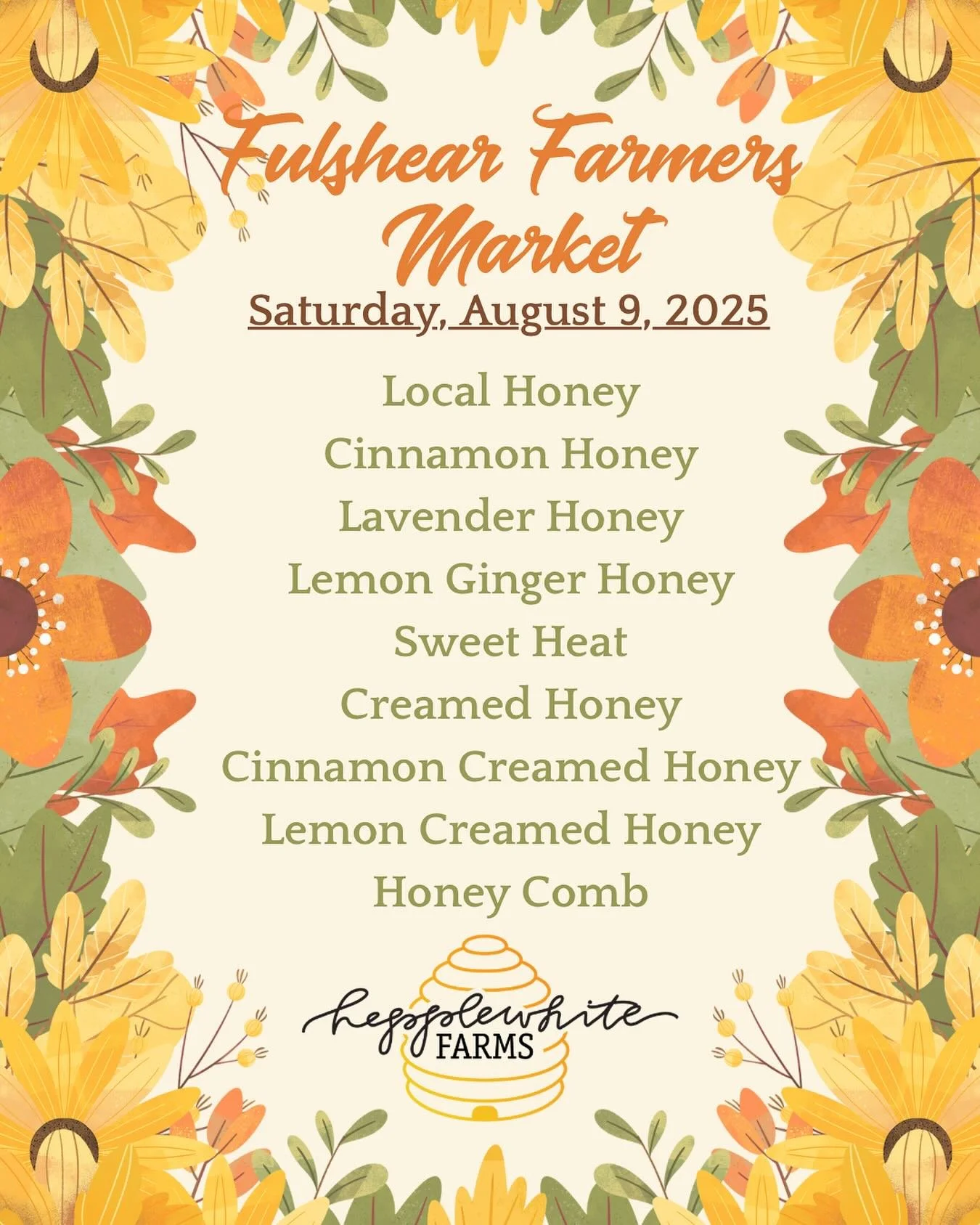 Come see us @fulshear_farmers_market this Saturday 9-1. 
#hepplewhitefarms #fulshearfarmersmarket #texashoney #knowyourbeekeeper  #honeycomb