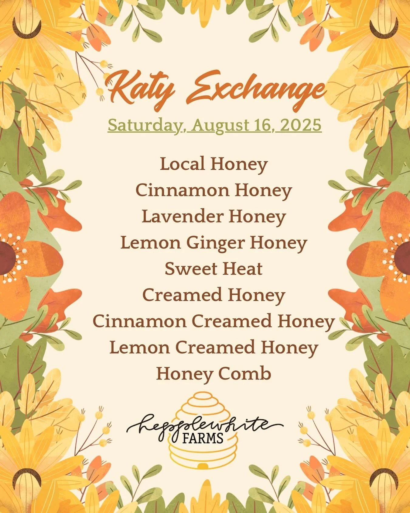 We are Katy Exchange in downtown Katy - this Saturday 9-1.  @katytownsquare . Our booth is near the corner of Ave A and 3rd street. 
#hepplewhitefarms #katytx  #katytexas  #texashoney #honeycomb #knowyourbeekeeper