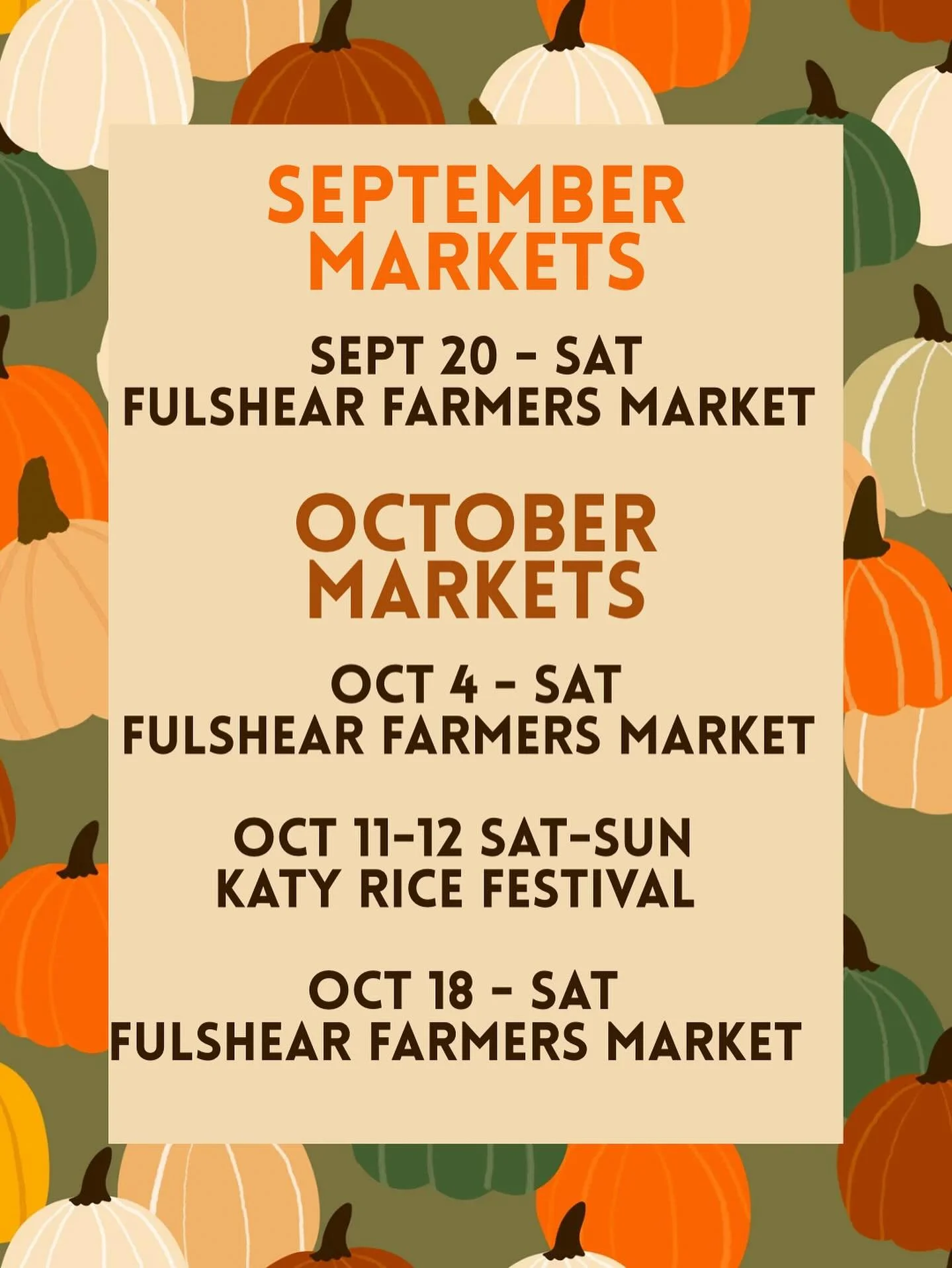 Market schedule for September and October. 

#hepplewhitefarms #fulshearfarmersmarket #katytx #fusheartx #localhoney #knowyourbeekeeper #texashoney