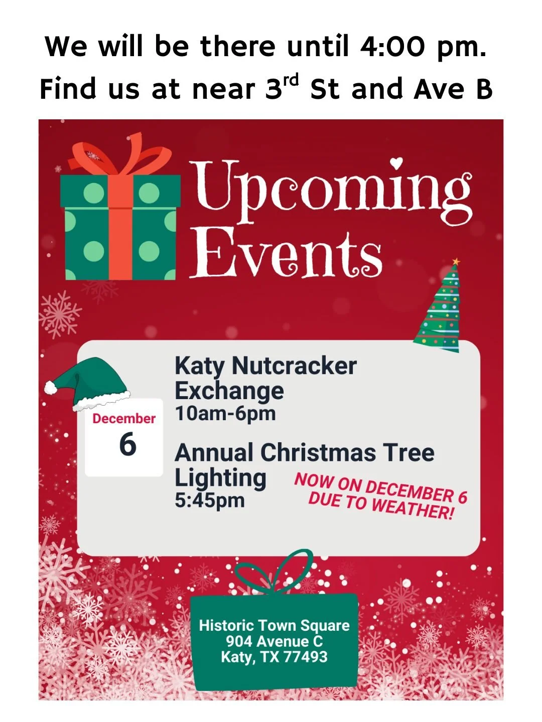 We will be here until 4:00 pm.  Find us near 3rd St and Ave B. @katytownsquare 
#hepplewhitefarms #katynutcrackerexchange #katytx #historickatytexas #localhoney #texashoney #knowyourbeekeeper