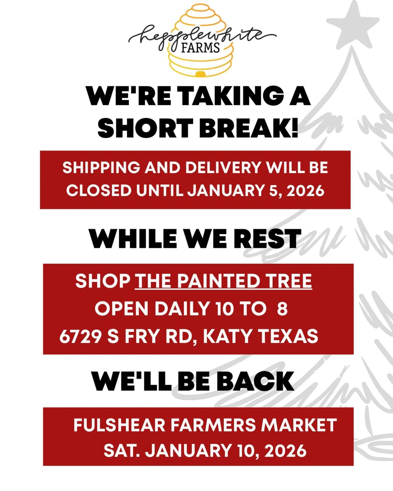 While we are resting, you can pick up your favorite honey at the Painted Tree Cinco. They are open 10-8 daily. We will see next year at the Fulshear Farmers Market on Saturday, January 10th.
#hepplewhitefarms #fulshearfarmersmarket #paintedtreecincor