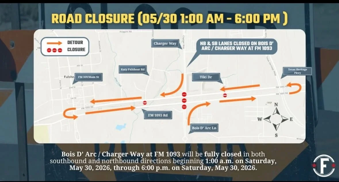 ATTENTION: CONSTRUCTION ROAD CLOSURE on Charger Way/ BoisD&rsquo;Arc this SATURDAY MAY 30th. Getting to @fulshear_farmers_market this Saturday May 30th may take a few minutes longer. Follow the map and loop around to find us there from 9 to 1. 

We w