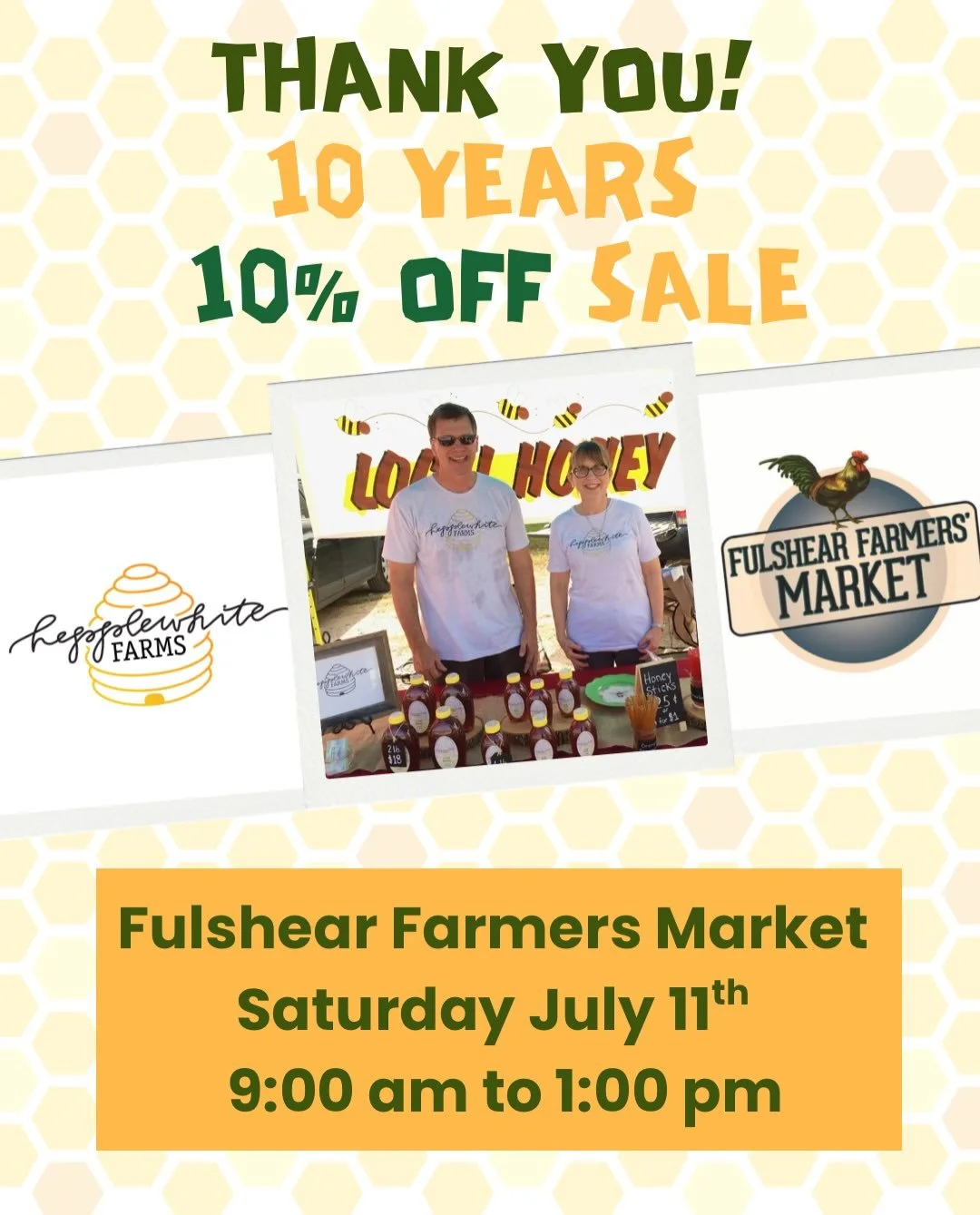 Hey- look at this! We have been at the Fulshear Farmers Market for 10 YEARS! Back in 2016 we got started right here at FFM.  It was just the two of us sharing our honey harvest with the community. It&rsquo;s still the 2 of us raising the bees, harves