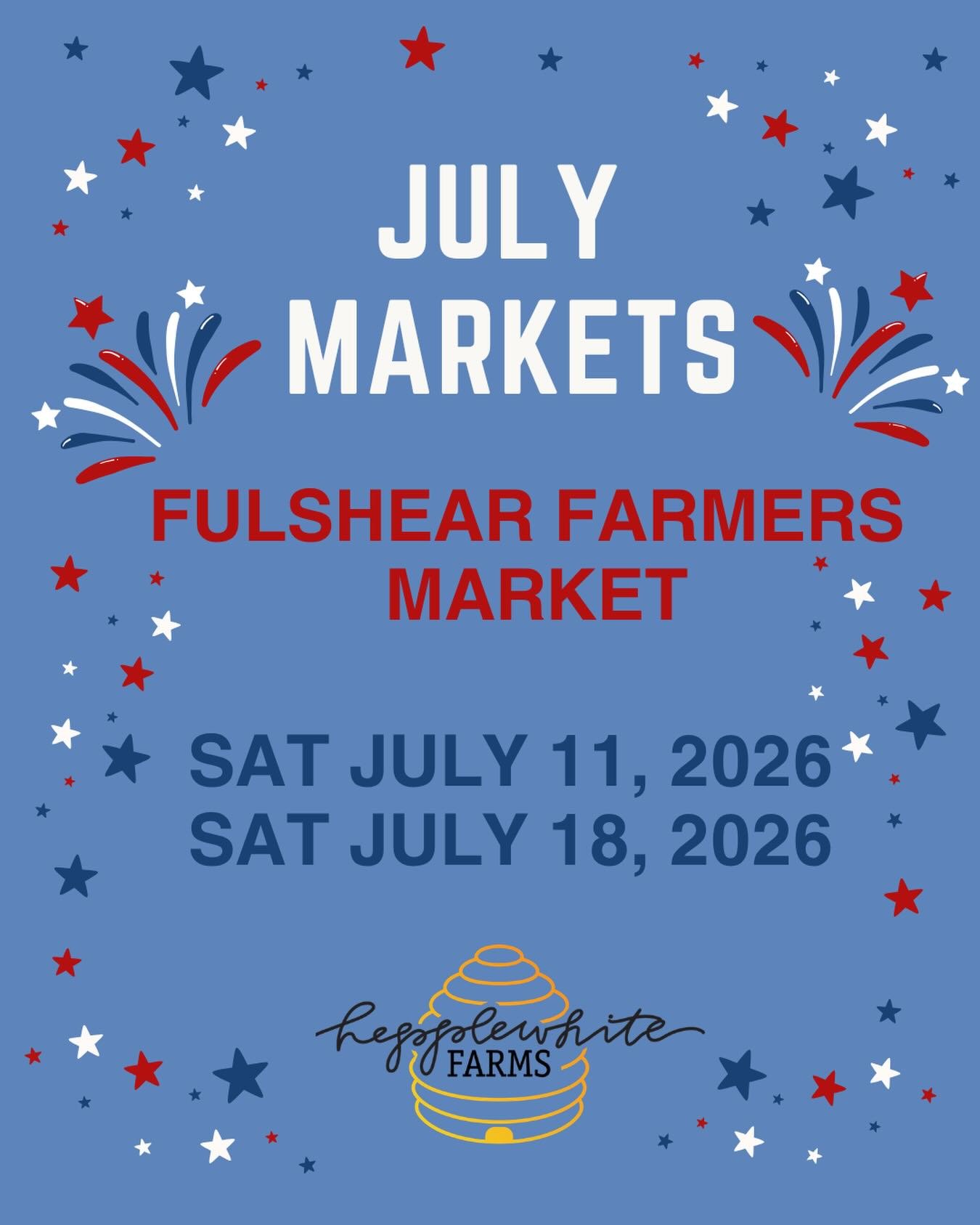 Check out our July schedule! 
@fulshear_farmers_market 
#hepplewhitefarms #fulsheartx #texashoney #knowyourbeekeeper #katytx