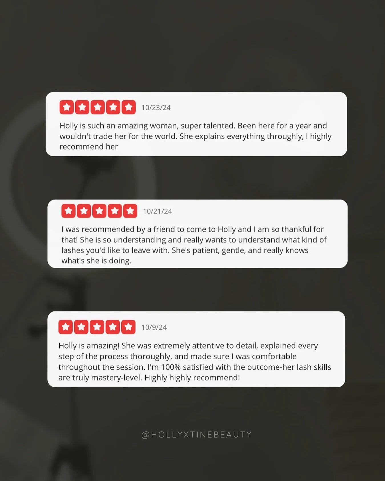 OCTOBER TESTIMONIALS 👻🤍 

It's a pleasure being your Lash Artist! I appreciate all of the reviews- please don't forget to submit your own if you have not done so already. 

You'll receive a little Thank-You Discount on your next visit! 

Ways to Re