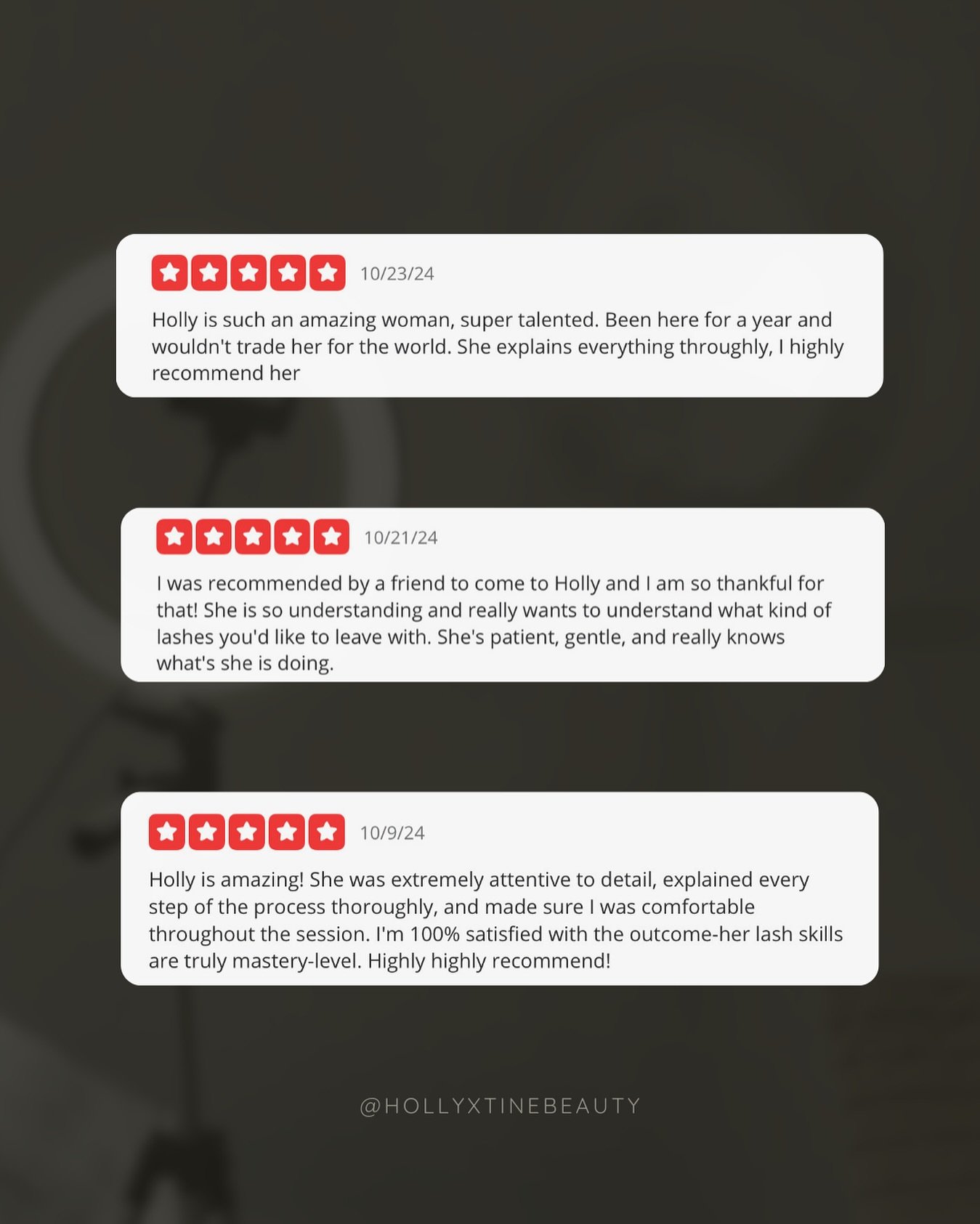 OCTOBER TESTIMONIALS 👻🤍
It's a pleasure being your Lash Artist! I appreciate all of the reviews- please don't forget to submit your own if you have not done so already.
You'll receive a little Thank-You Discount on your next visit!
Ways to Re
