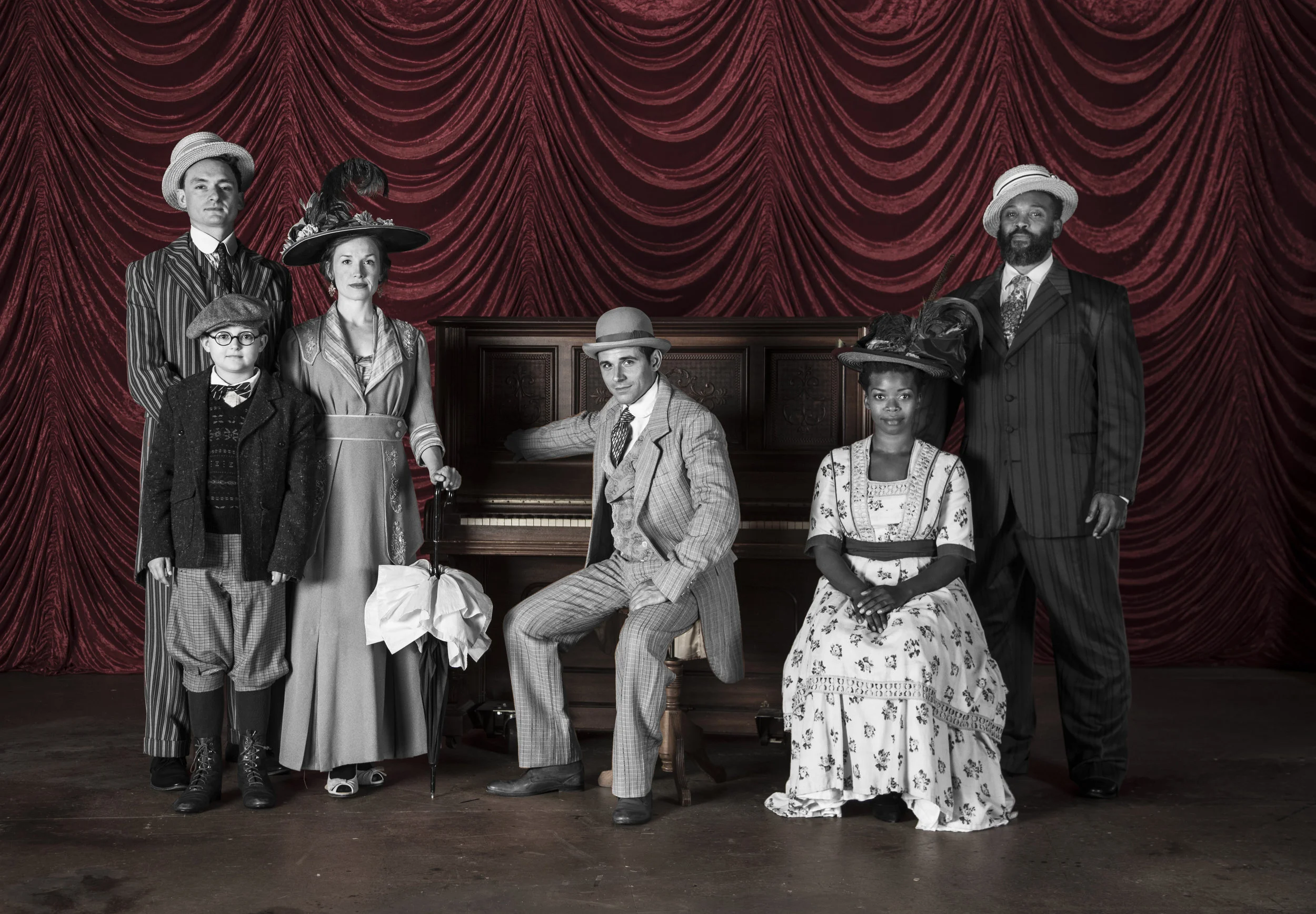 Theater Latté Da’s RAGTIME. Photo by Joe Dickie. Featuring (from left to right): Riley McNutt, Soren Miller, Britta Ollmann, Sasha Andreev, Traci Allen Shannon, and Andre Shoals.