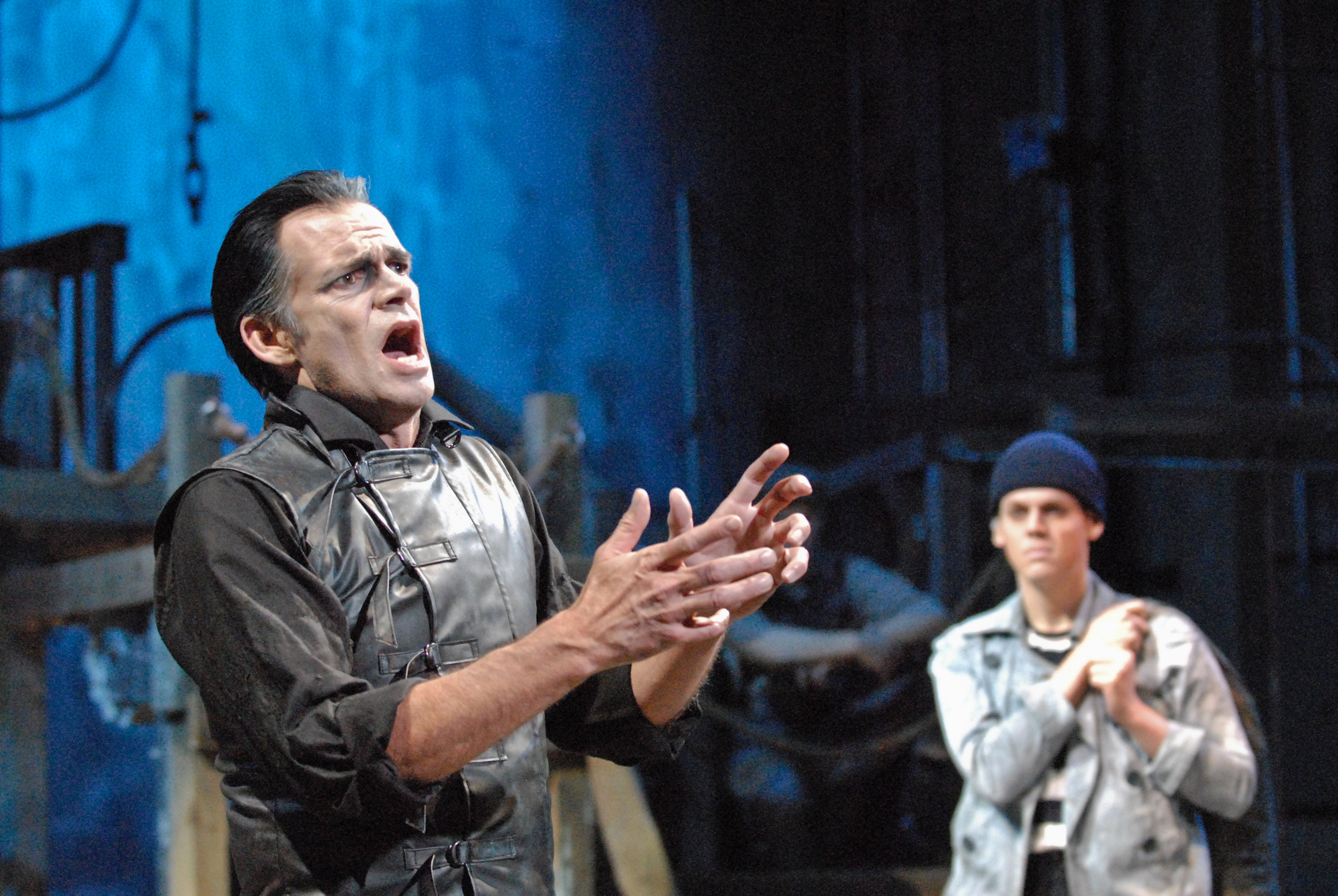 Mark Benninghofen as Sweeney Todd and Matthew Rubbelke as Anthony Hope, Photo by George Byron Griffiths