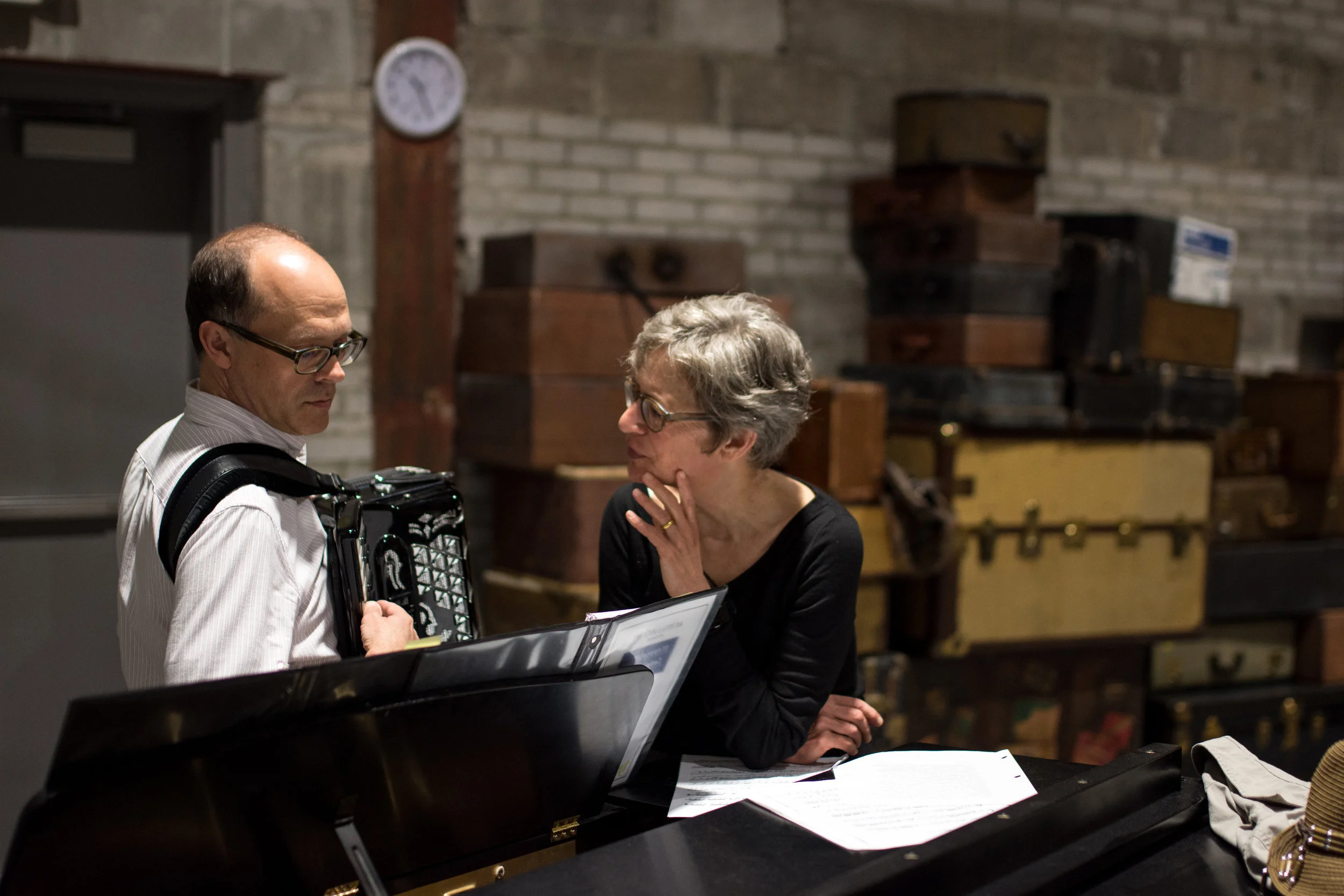 Sally Wingert with musical director Dan Chouinard rehearsing "Underneath the Lintel." Photo by Sally Wingert stars in the one-person play "Underneath the Lintel," showing at Theater Latté Da, May 30-July 1, featuring new music by Frank London. Photo by Emilee Elofson.