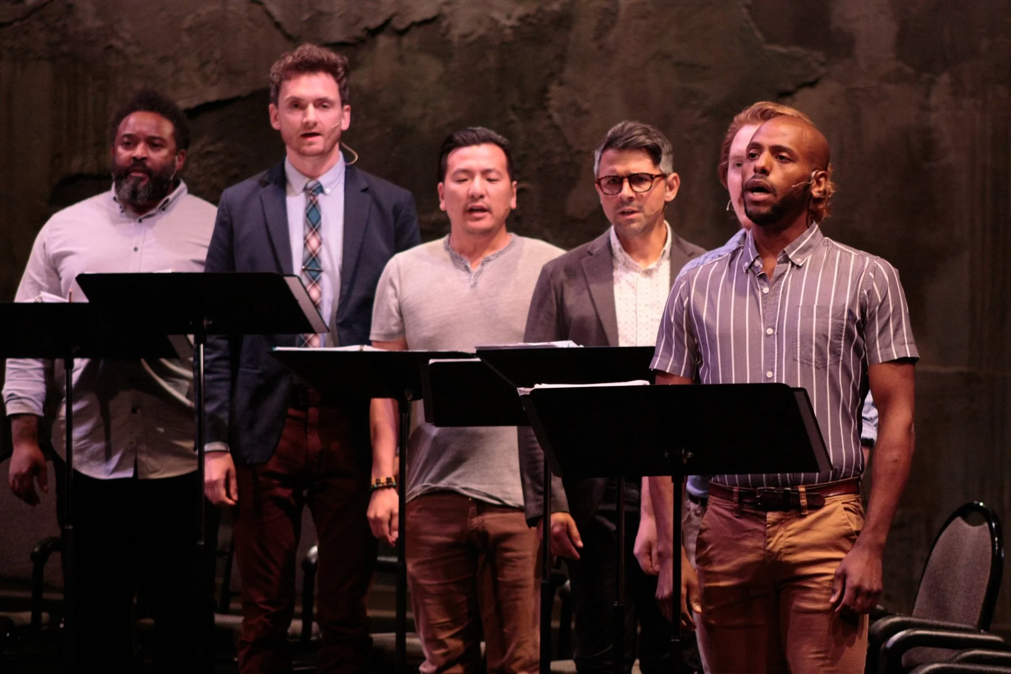 NEXT Festival 2019 - Twelve Angry Men. Pictured (L-R): André Shoals, Riley McNutt, Brian Kim, Sasha Andreev, Matt Riehle, Jon-Michael Reese. Photo by Andrew Leshovsky.