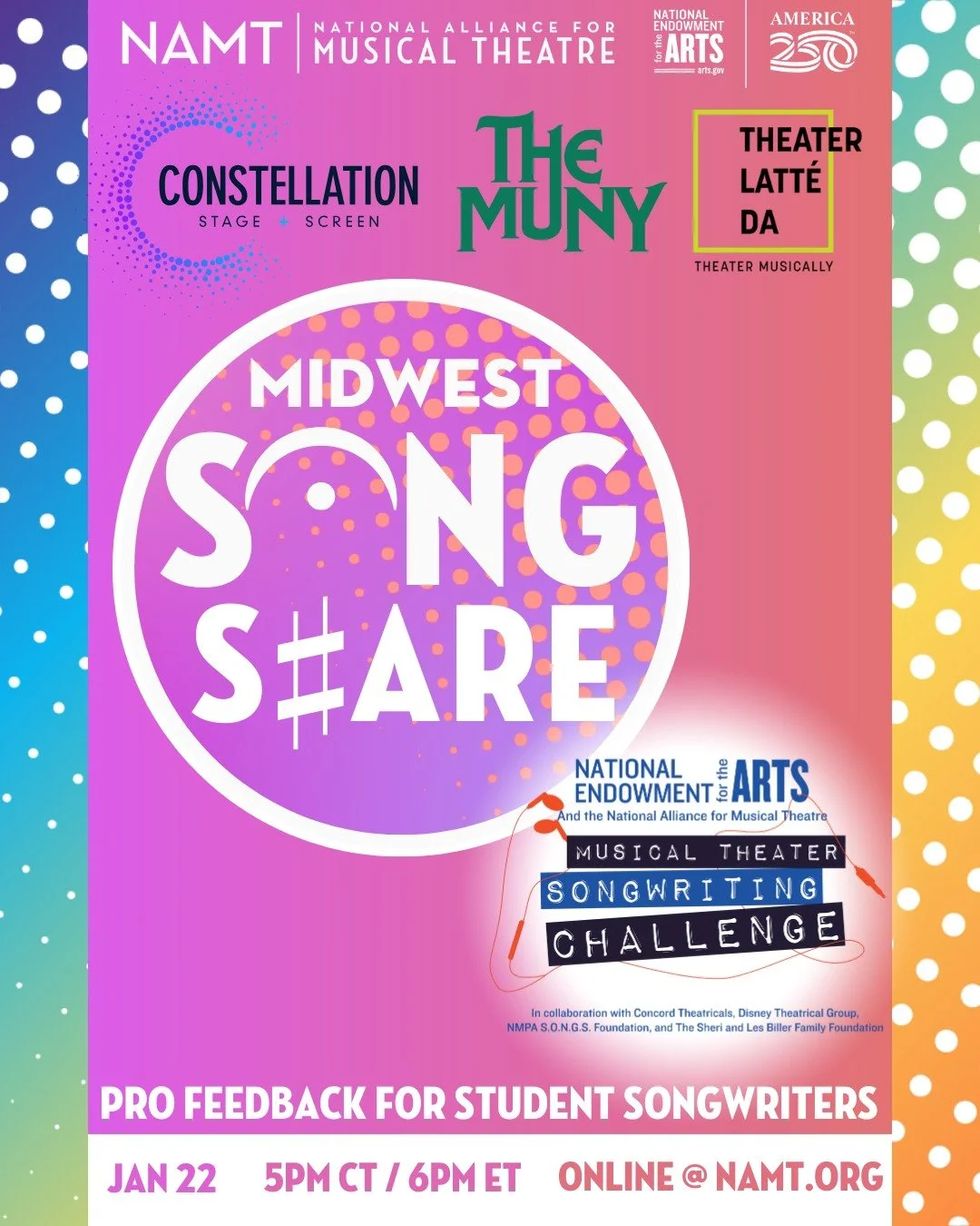 🎶 Calling all High School Songwriters!

The MUSICAL THEATER SONGWRITING CHALLENGE, presented by the NEA and NAMT, offers high school students a chance to write a showcase an original song that could be in a musical! Learn more at: https://namt.org/c