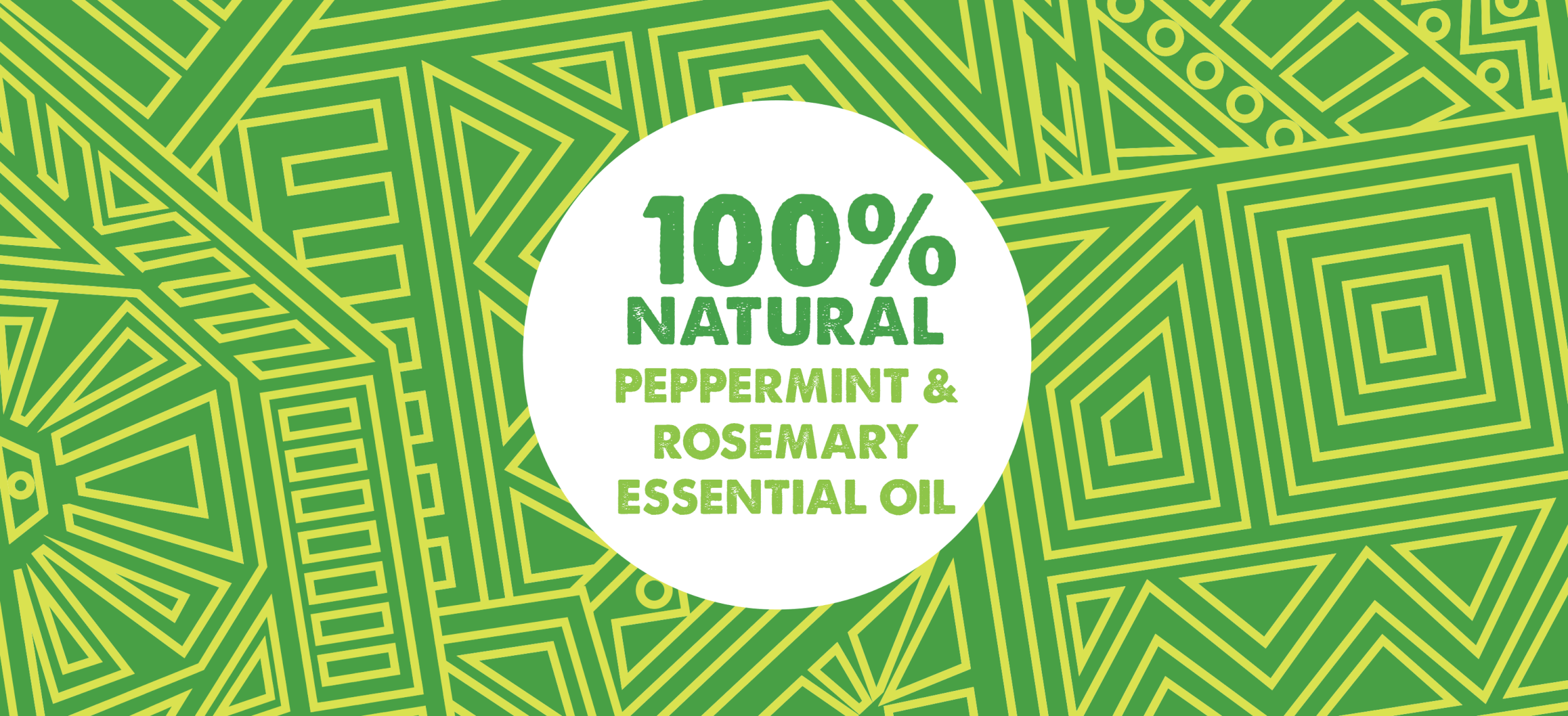 Label for 100% natural peppermint and rosemary essential oil on a green geometric background.
