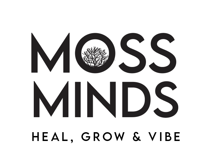 Logo for Moss MInds with a tree inside the 'O' in black text, with the tagline 'Heal, Grow & Vibe' beneath.
