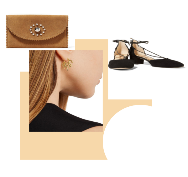 L-R: Sandro Wallet $78 (orig $190). Arme DE'Lamour gold plated earrings $60 (orig $120). Sam Edelman Sandals $60 (orig $120)