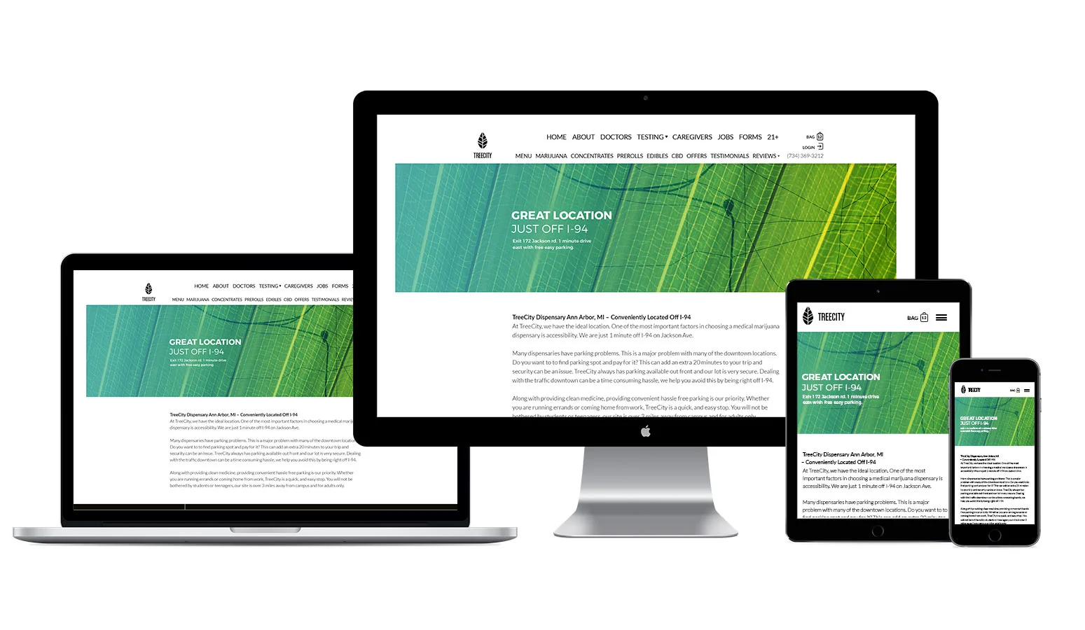 Example of modern website design displayed on an iMac, Macbook pro, iPad, and iPhone