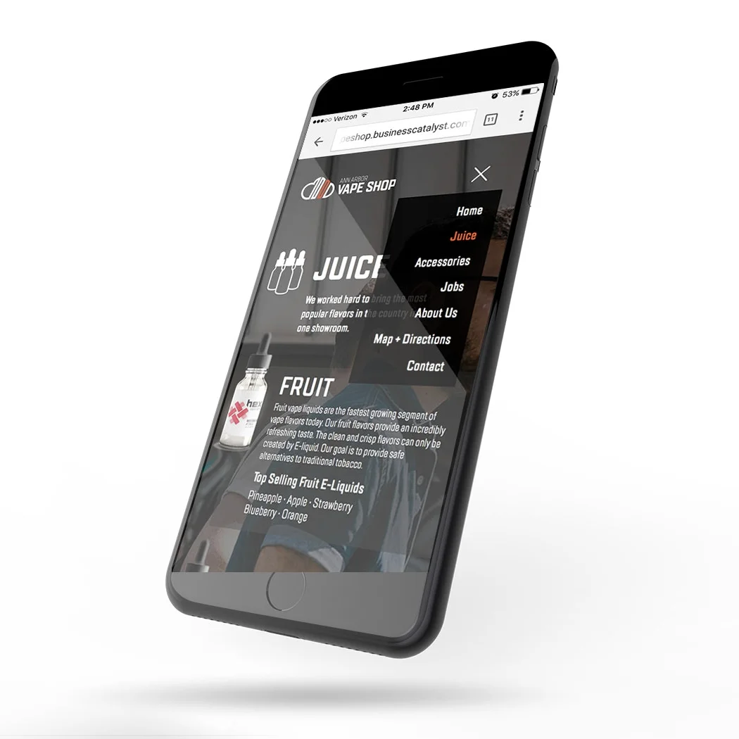 Ann Arbor Vape Shop mobile website displayed on an iPhone version 2