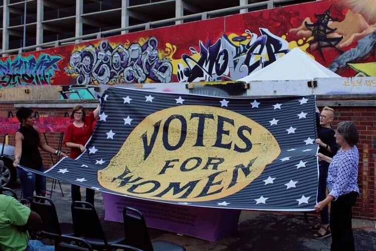  The field of stars with a badge that reads “Votes for Women” will be sewn onto a flag with stripes created by women from the 36 states that ratified the 19th Amendment in 1920. The project is a national collaborative art project created by Marilyn A