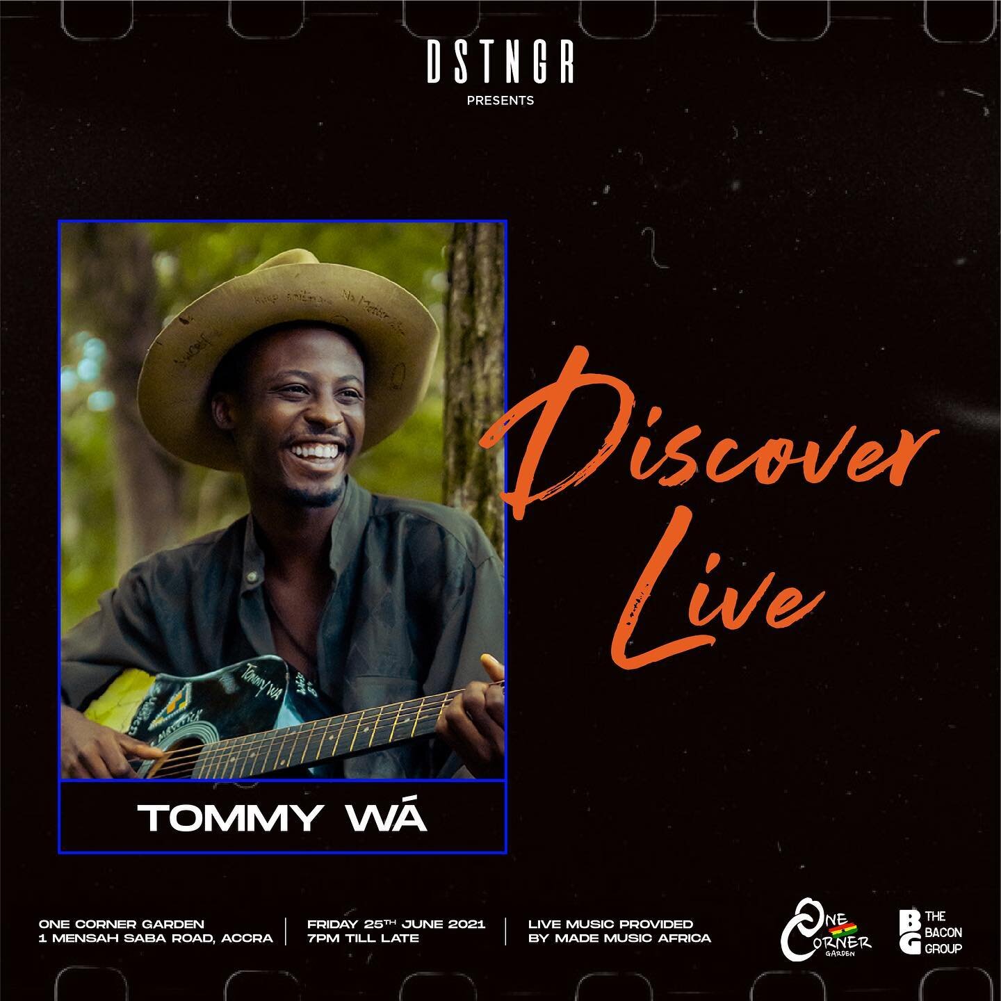 This FRIDAY! Nigerian Afro-Indie musician @tommywatomiwa is our incredible opening act for &lsquo;DISCOVER LIVE&rsquo; at @onecornergh!

FREE ENTRY! Doors open at 7PM! 

Swipe left to see his limited edition &lsquo;DISCOVER LIVE&rsquo; tee. Link in b