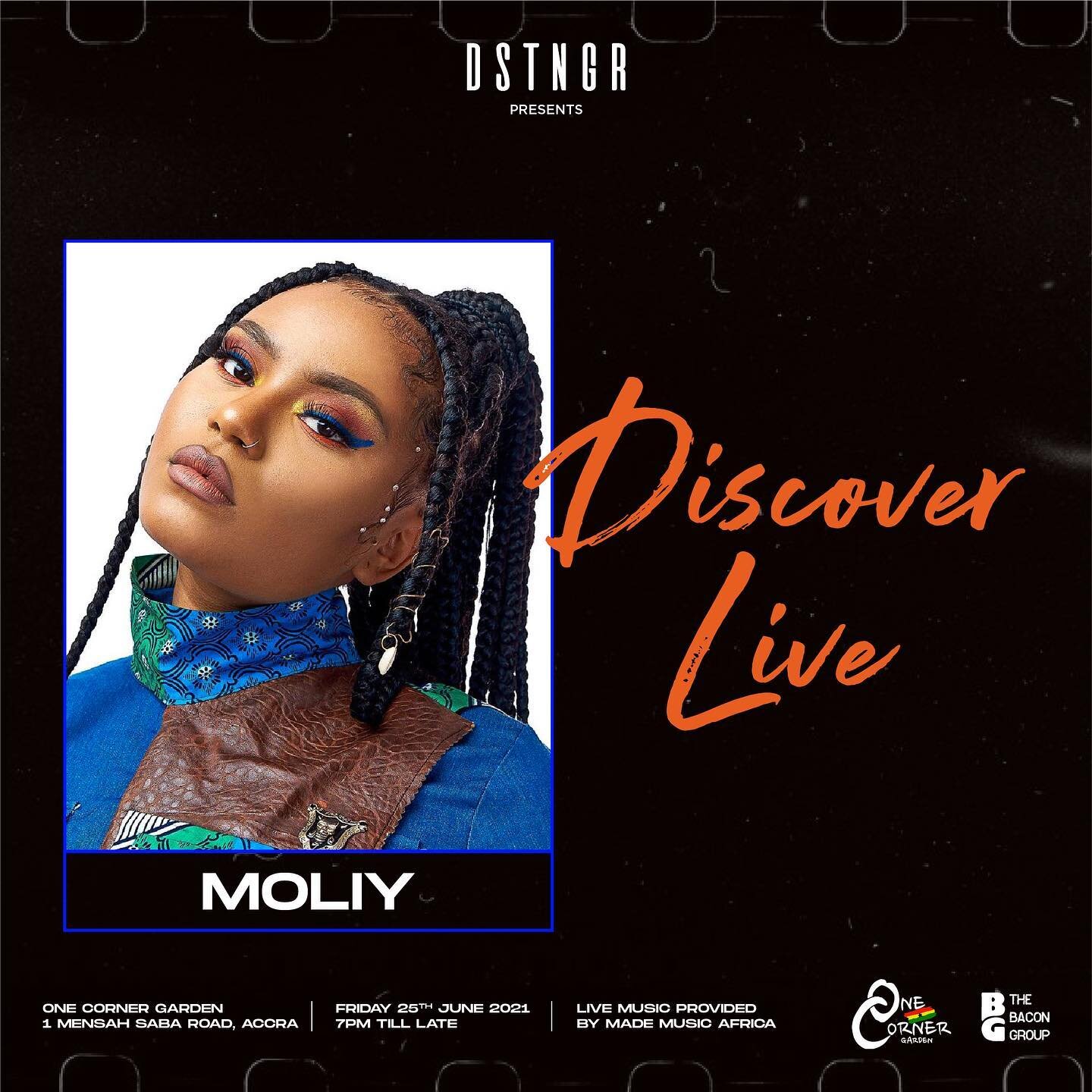 This FRIDAY! Afro-fusion singer-songwriter @moliymusic will grace the stage as our headline act for &lsquo;DISCOVER LIVE&rsquo; at @onecornergh!

FREE ENTRY! Doors open at 7PM! 

Swipe left to see her limited edition &lsquo;DISCOVER LIVE&rsquo; tee. 