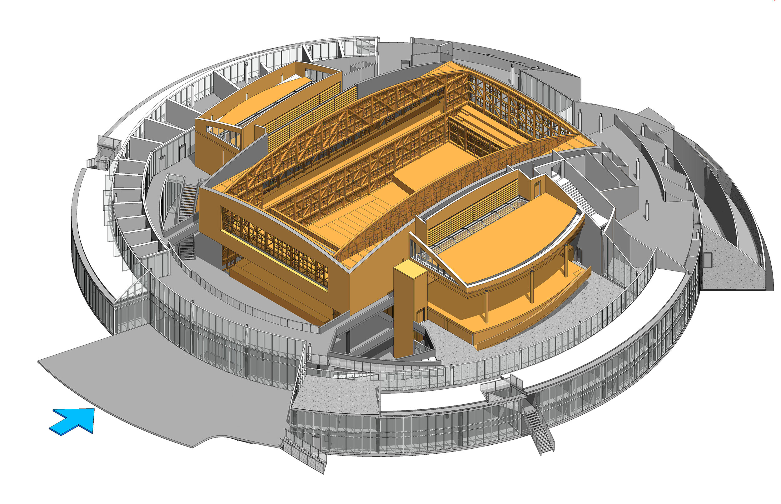 Revit model showing the material concept: wood cladding for the concert hall and adjacent music repertory, black box and library spaces.