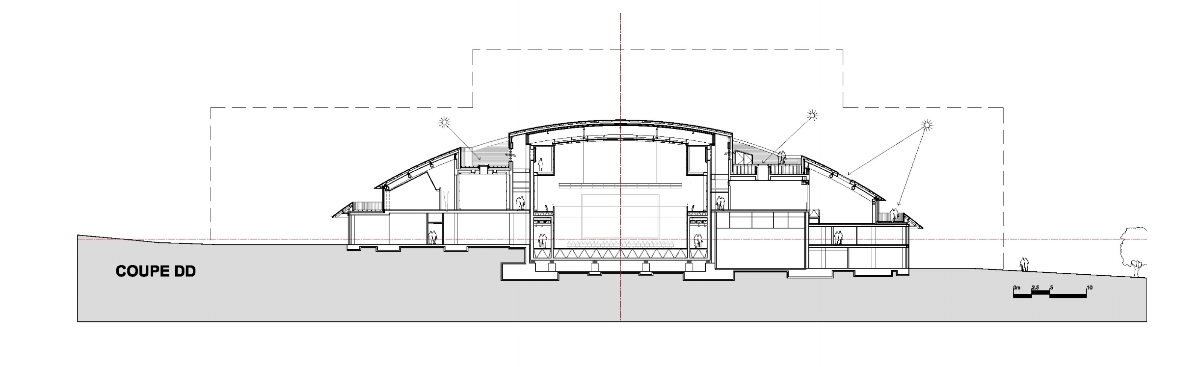 Section showing concert hall centered on dome and terrace cuts providing daylight to perimeter classrooms and public spaces.