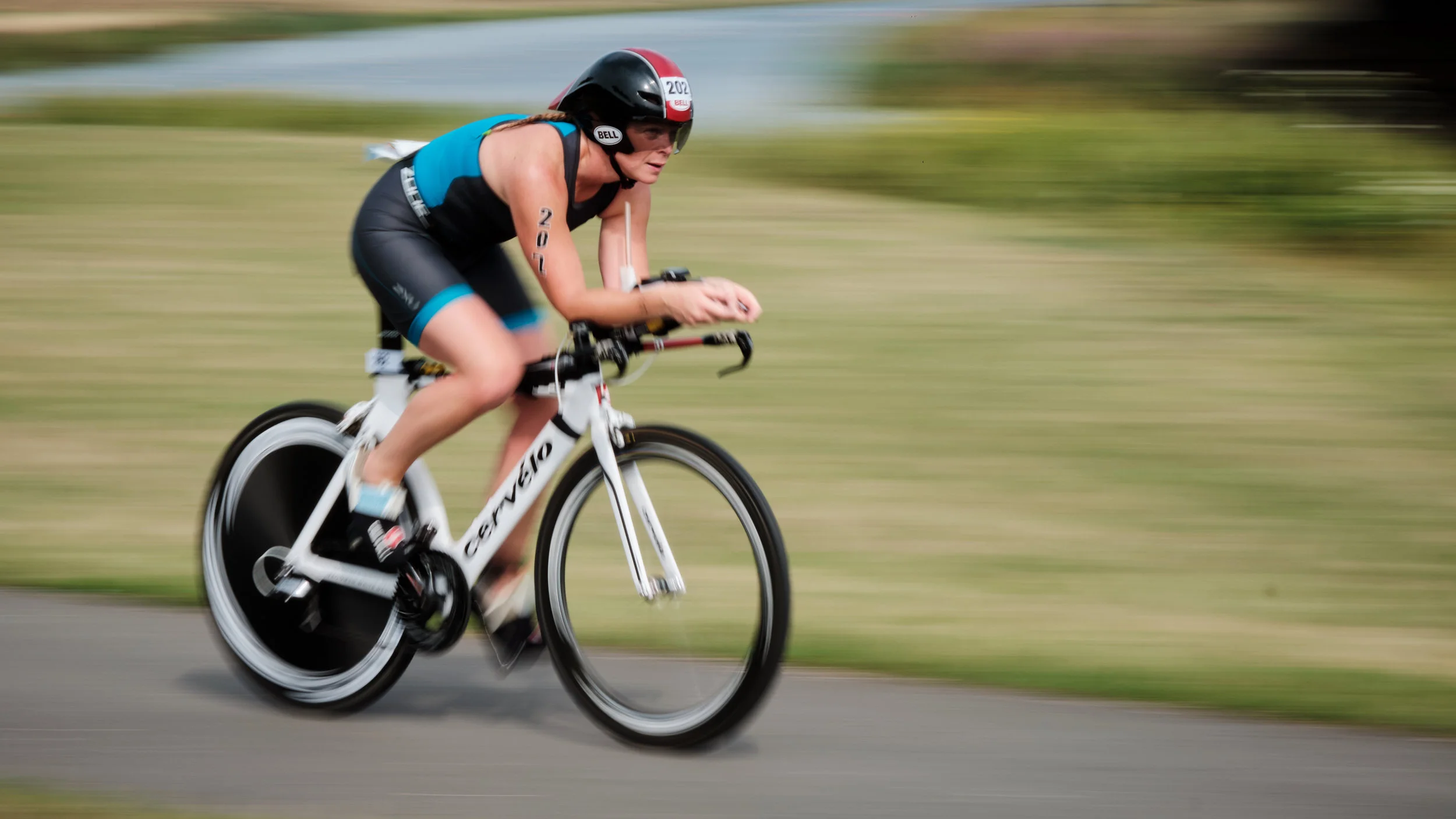 Triathlon from “The Race Organisers”, Sunday 4th August 2019, Dorney lake, UK. Competitors of the Woman’s wave speed on the cycle track.