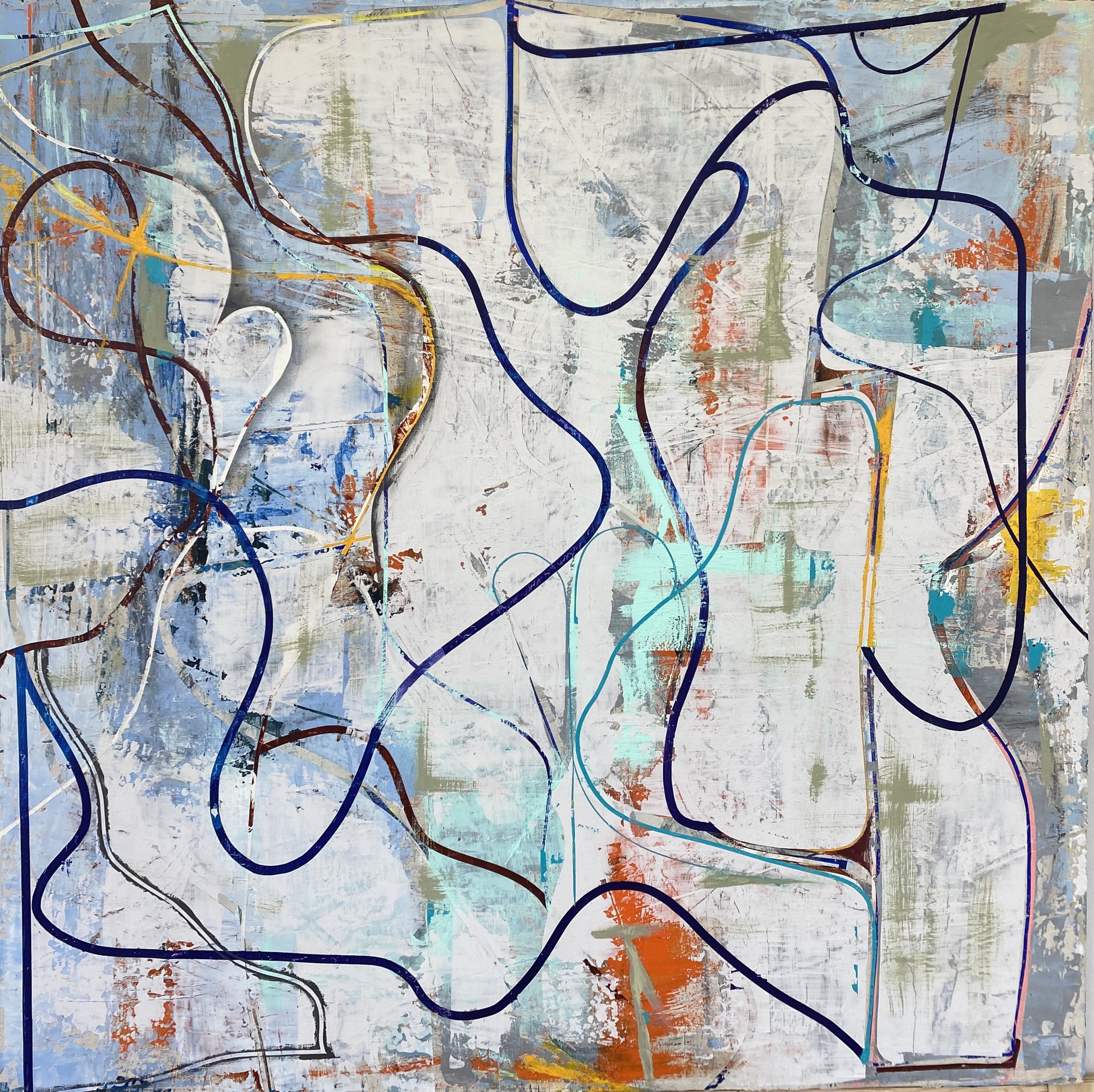    Homespun Blues    Plaster, Acrylic, Ink, and Graphite on Aluminum Panel. (custom Framed).  48” x 48”. 2022. 