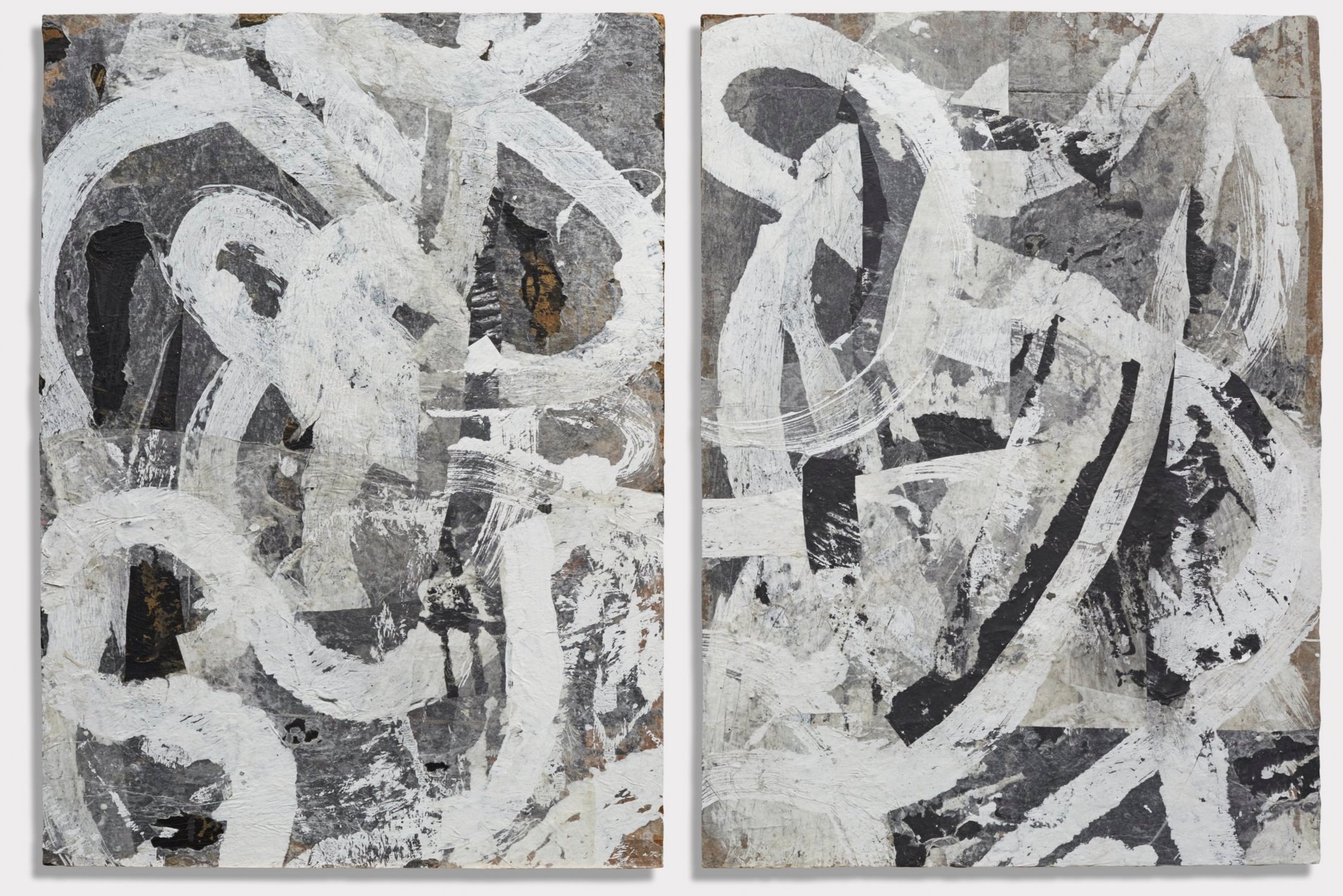   Kissing Cousins     Gesso, Ink, and Collage on found wooden panels.  Diptych, overall dimensions: 32” x 50”. 2017. 