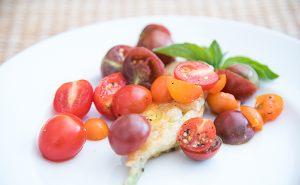Summer squash blossom with fresh garden tomatoes