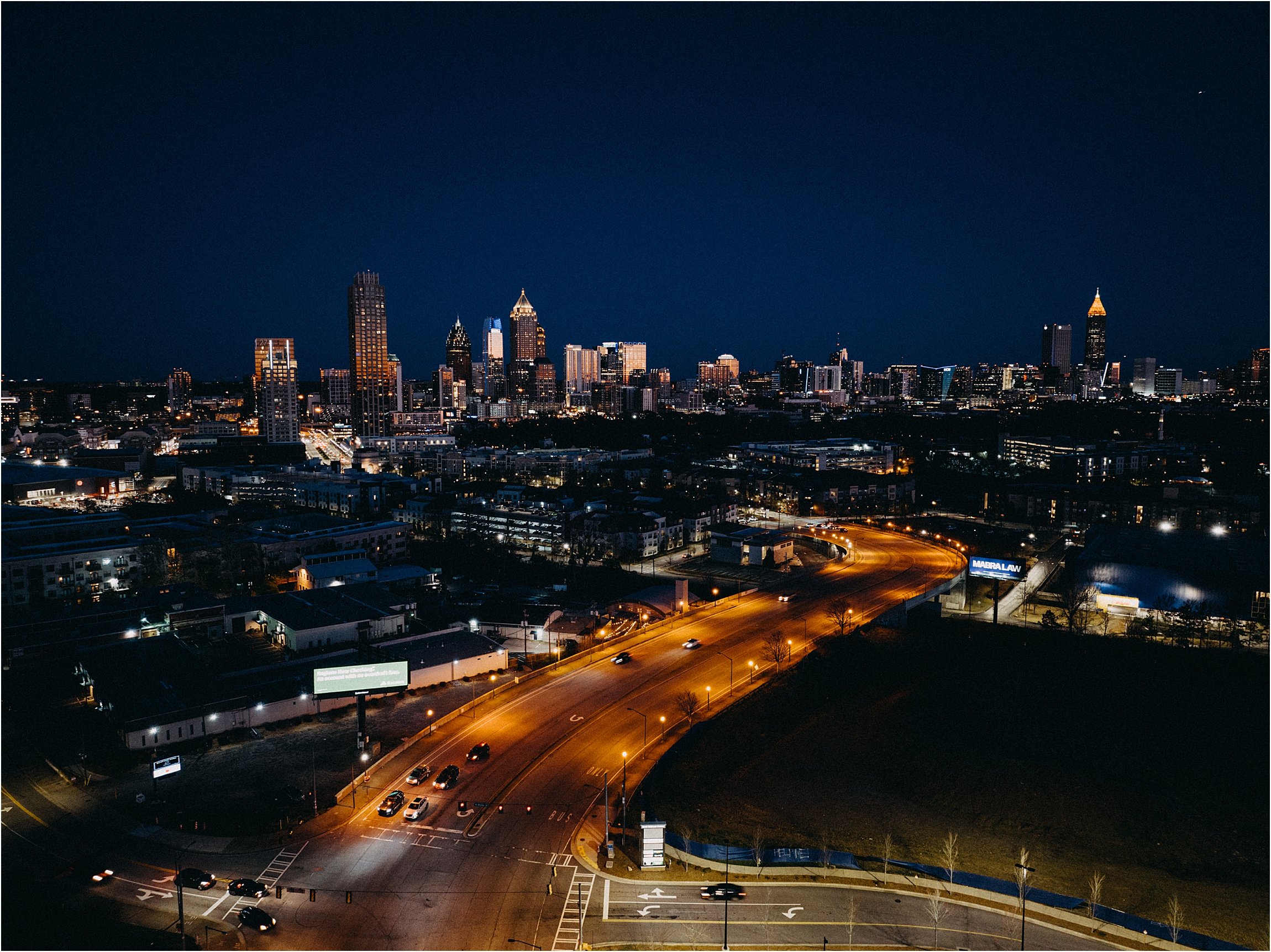 night drone image Bishop Station Atlanta Wedding photographer